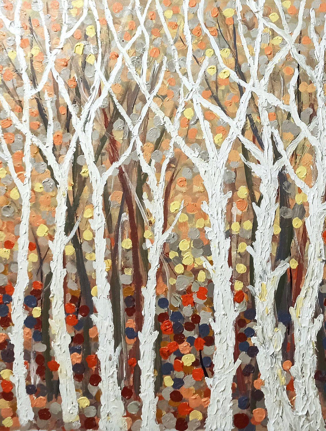   In diesem Werk habe ich die Erneuerung der Natur aufgegriffen und die vibrierende Vitalität des Frühlings mit meinem Pinsel zum Ausdruck gebracht. Mit Acrylfarben habe ich Farbtöne und Texturen übereinander gelegt, um die blühende Energie zu