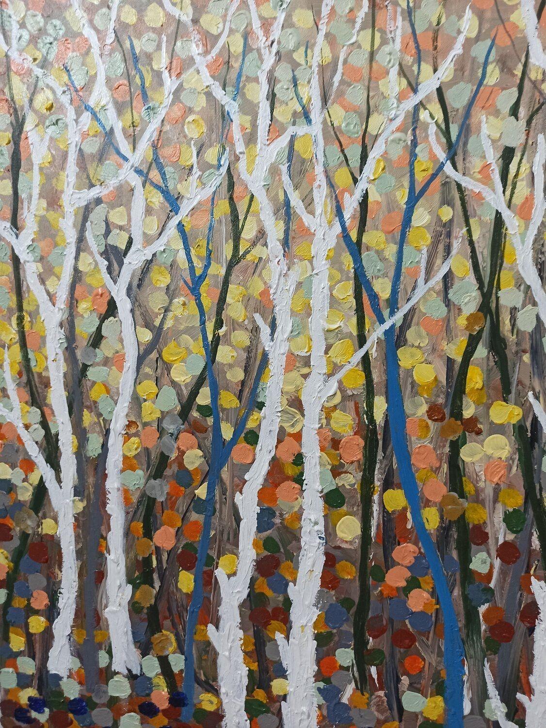 Paisaje de árboles otoñales, Pintura, Acrílico sobre lienzo en venta 1