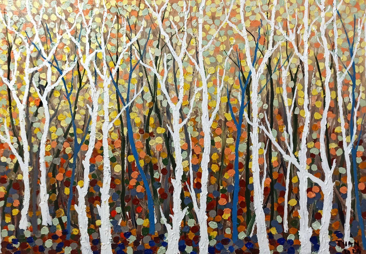 Paisaje de árboles otoñales, Pintura, Acrílico sobre lienzo - Painting de LE ANH TUAN