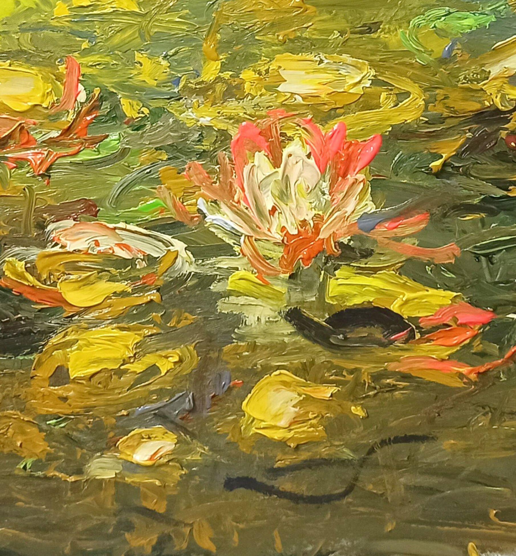 Autumn water lily pond, Painting, Acrylic on Canvas For Sale 1