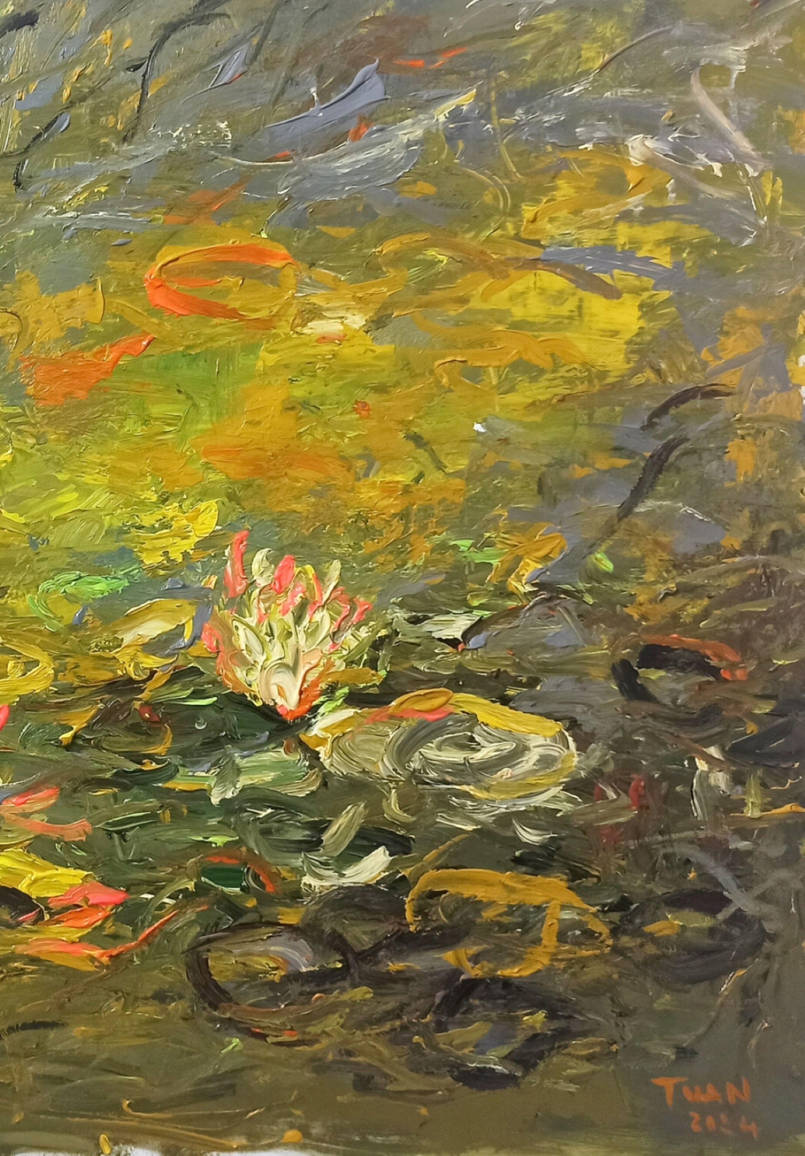 Autumn water lily pond, Painting, Acrylic on Canvas For Sale 2