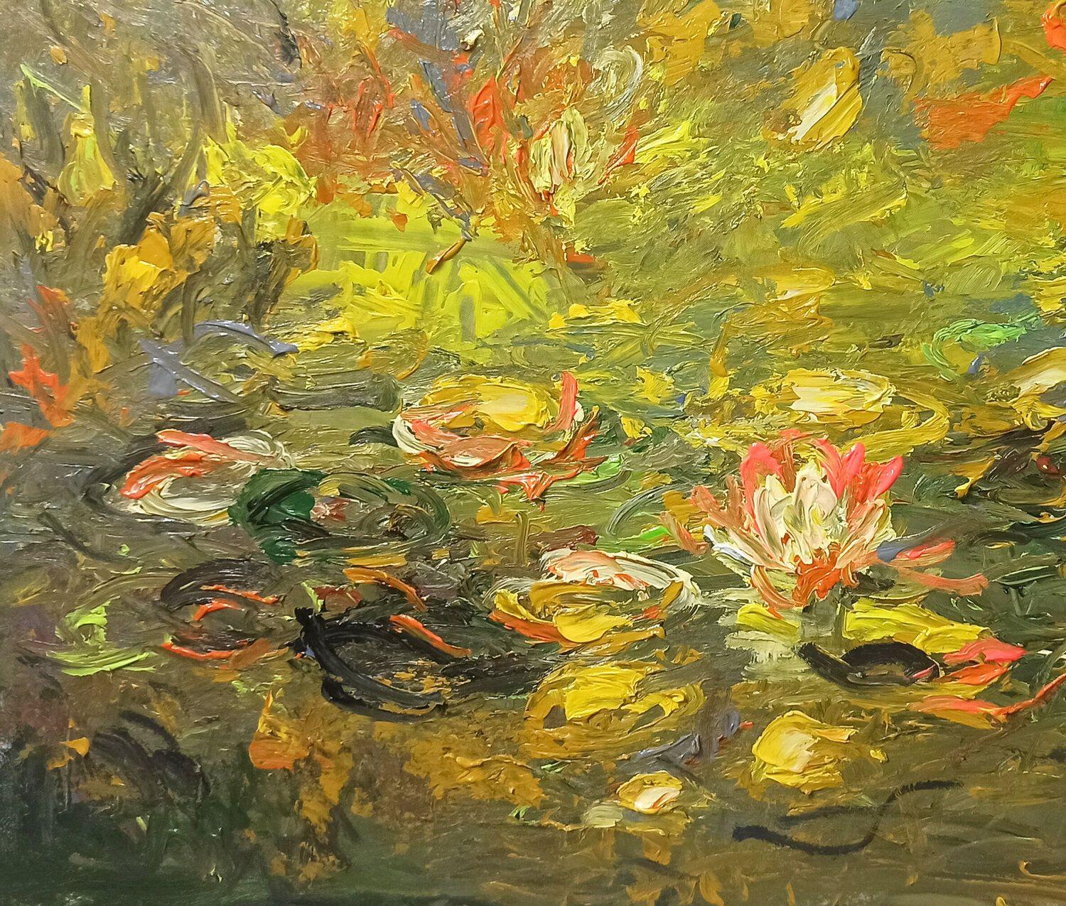 Autumn water lily pond, Painting, Acrylic on Canvas For Sale 3