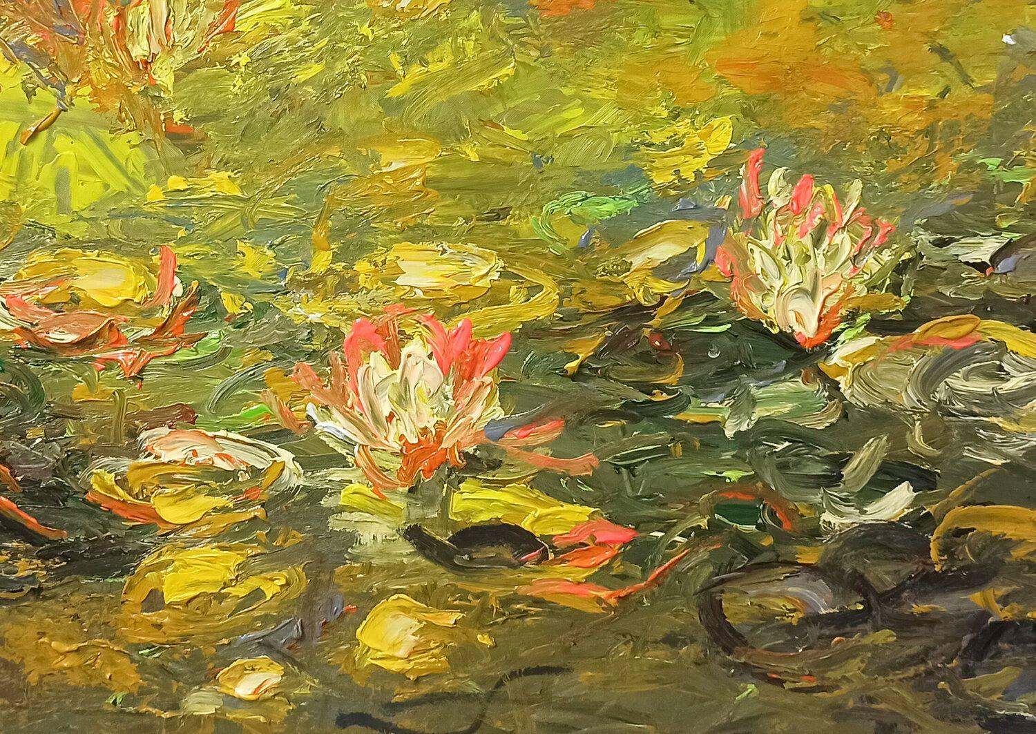 Autumn water lily pond, Painting, Acrylic on Canvas For Sale 4
