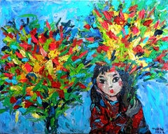 Bébé vendant des fleurs en papier, peinture, acrylique sur toile