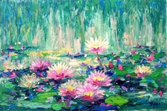 Blooming lilies pond 80x120cm, Painting, Acrylic on Canvas