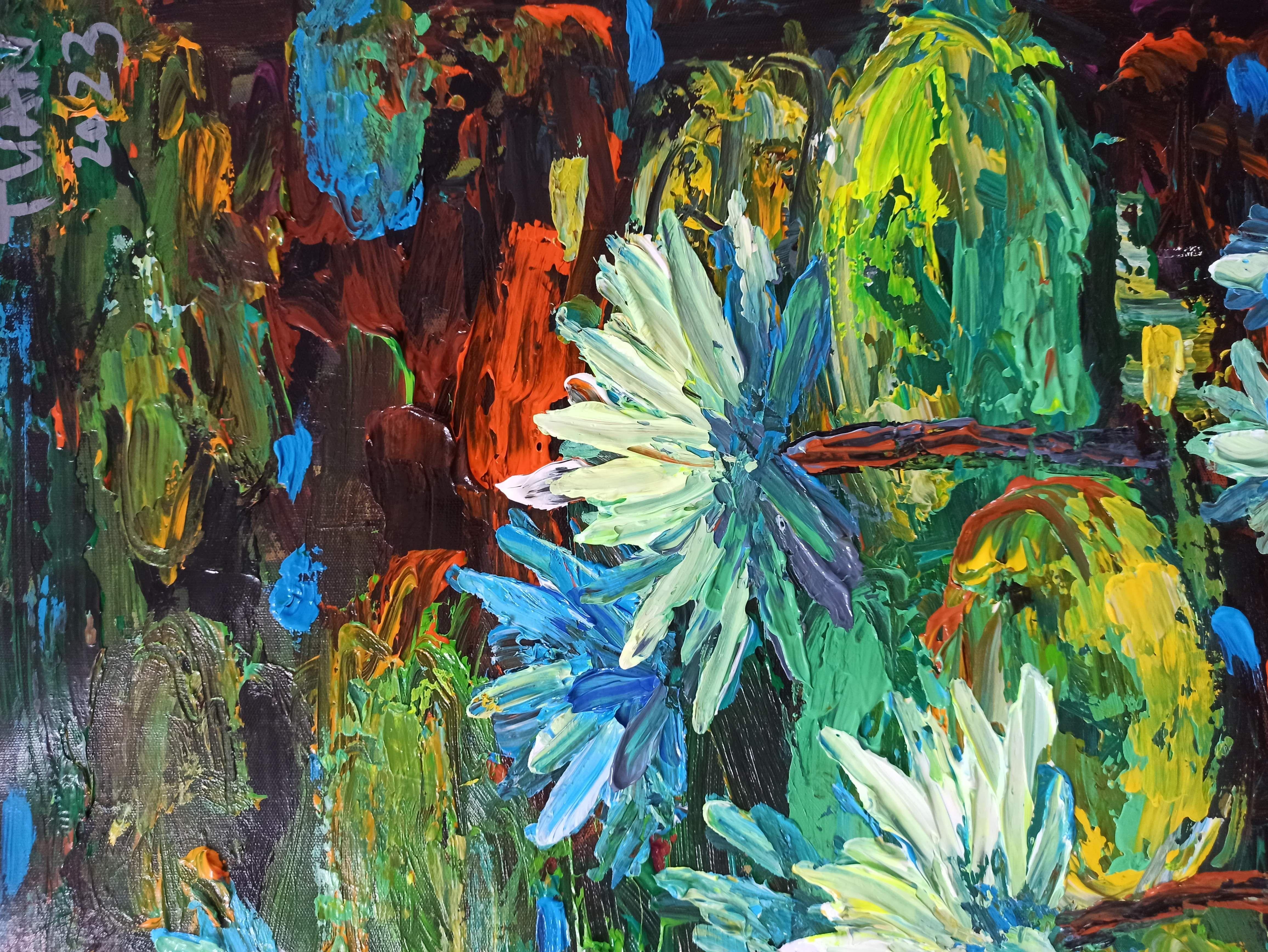 Blooming lilies pond 80x60cm, Painting, Acrylic on Canvas For Sale 4