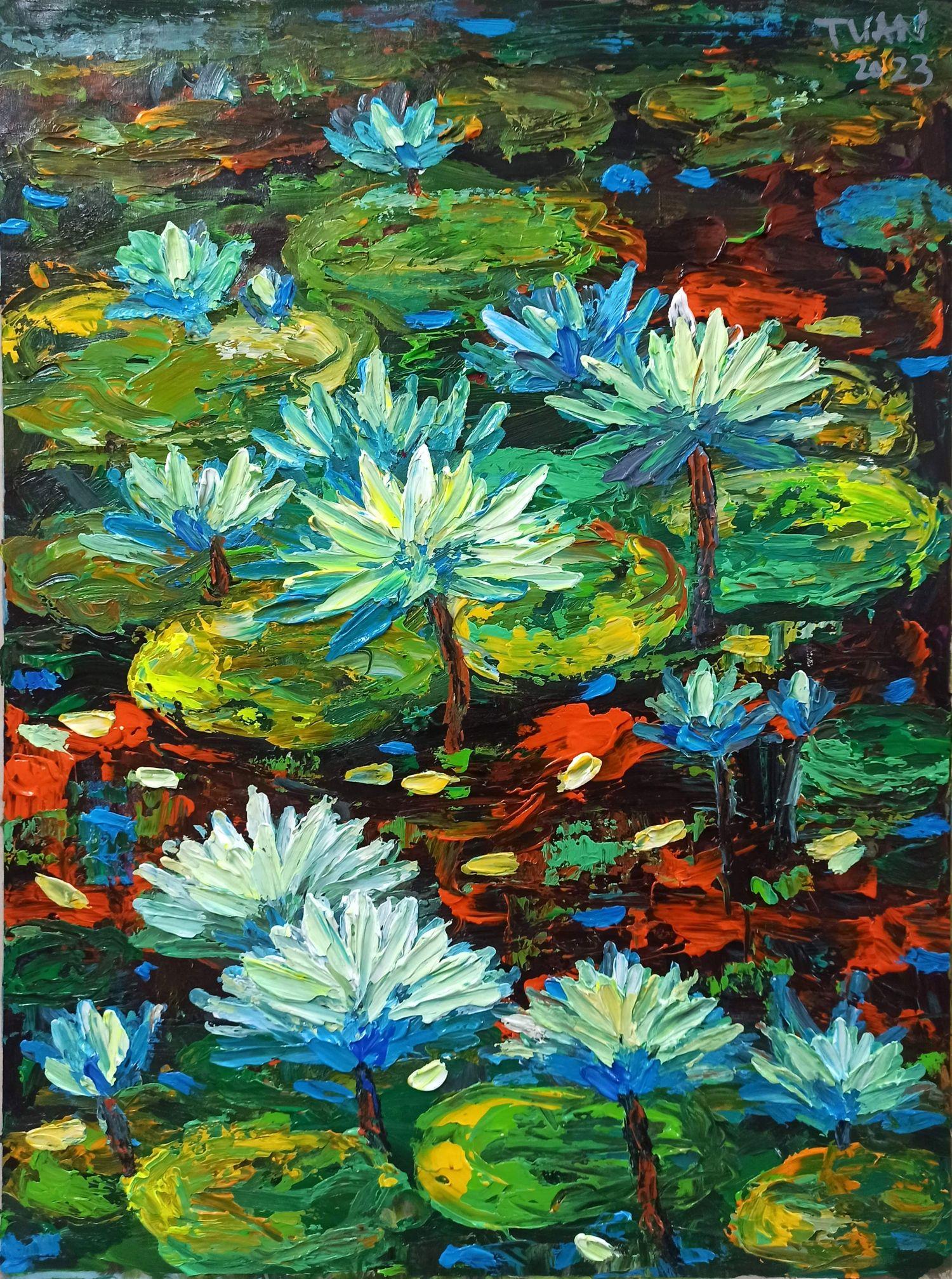 Étang des lys en fleurs 80 x 60 cm, peinture, acrylique sur toile - Painting de LE ANH TUAN