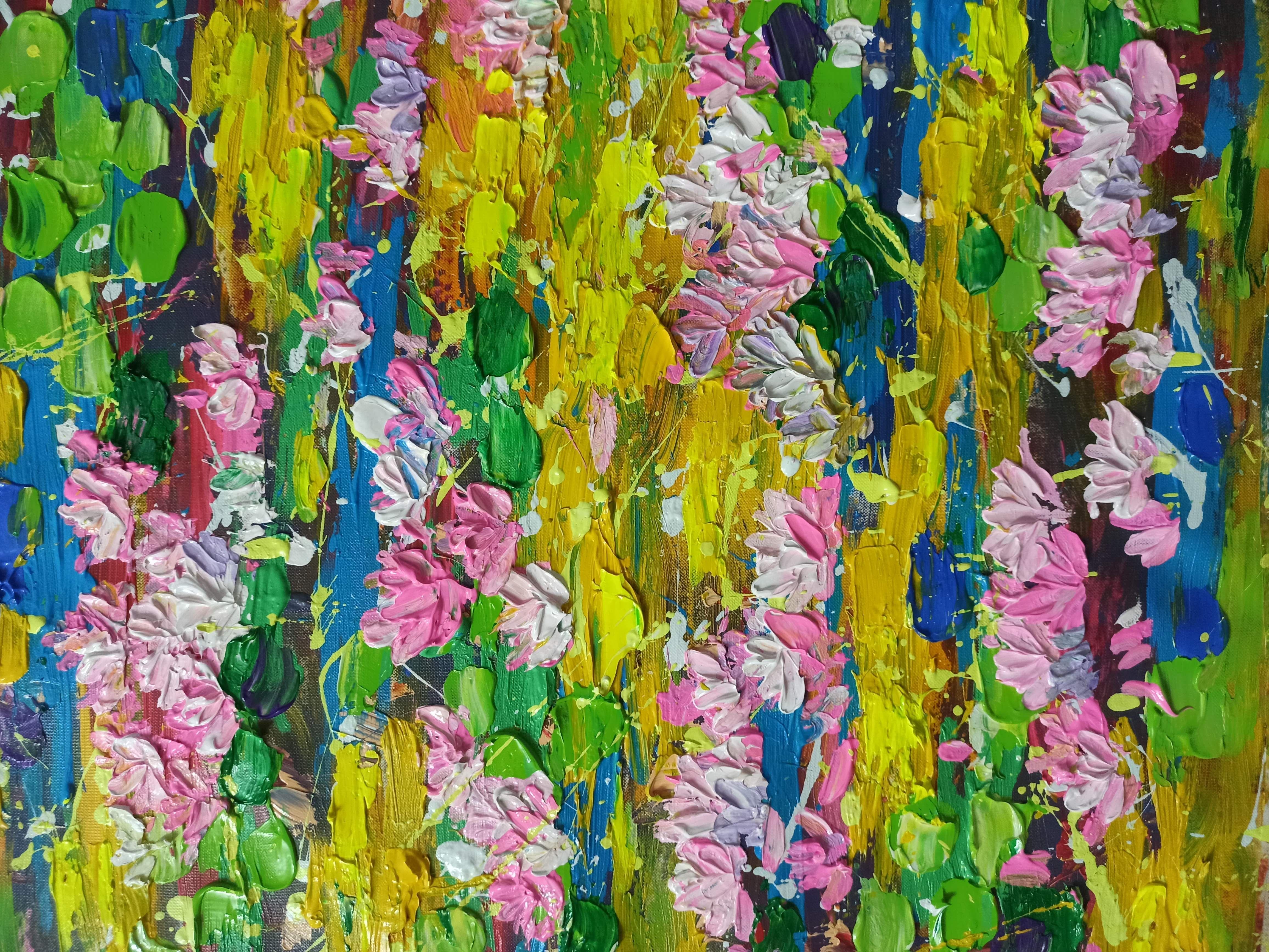 Blooming lilies pond 80x90cm, Painting, Acrylic on Canvas For Sale 1