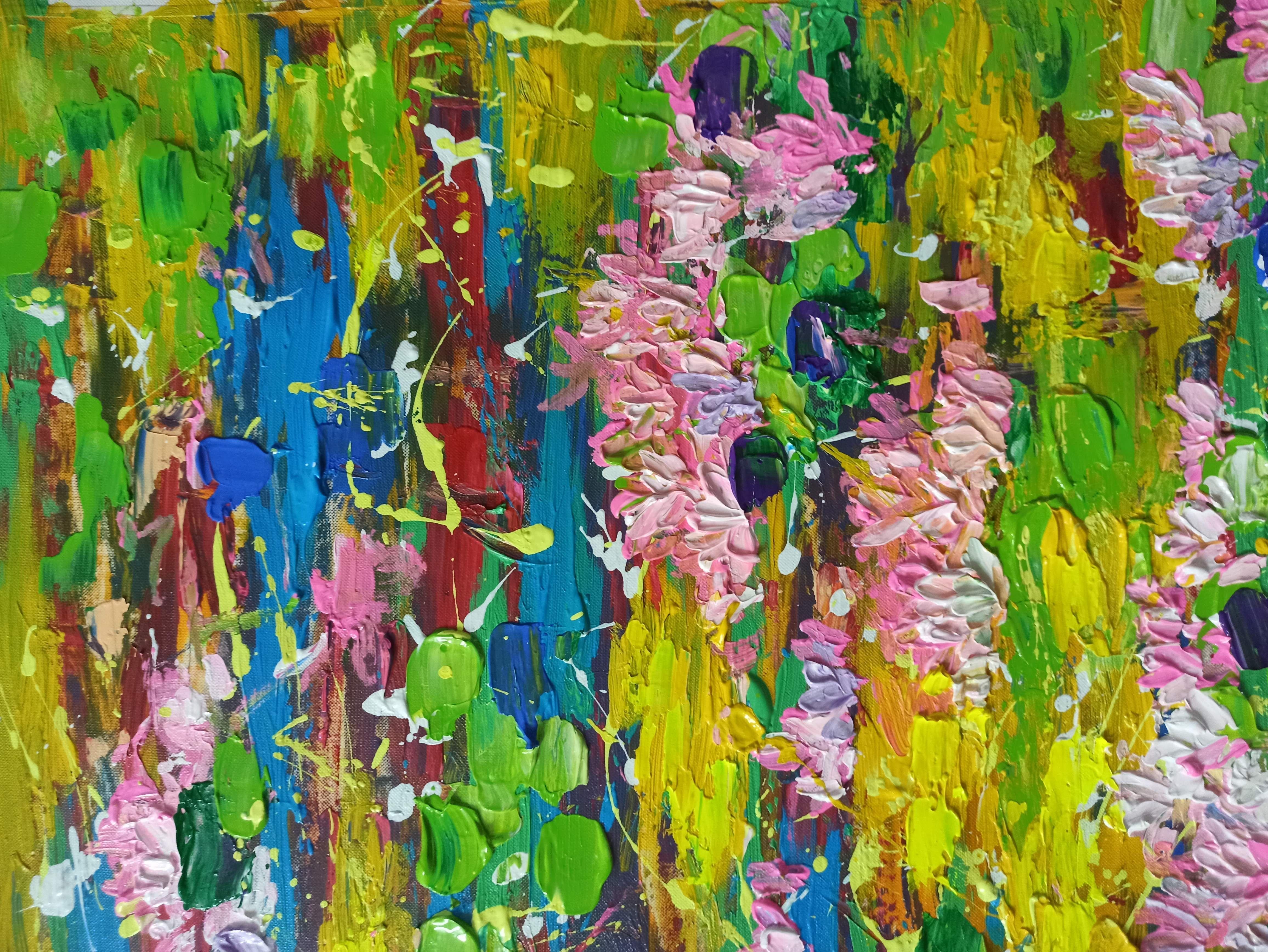 Blooming lilies pond 80x90cm, Painting, Acrylic on Canvas For Sale 2
