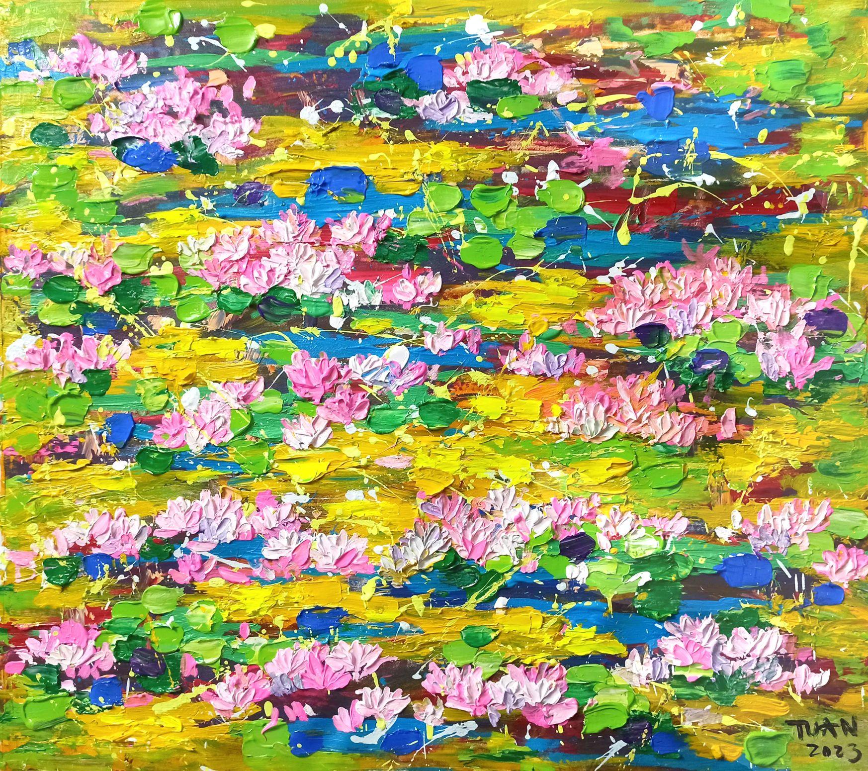 Blooming lilies pond 80x90cm, Painting, Acrylic on Canvas For Sale 4