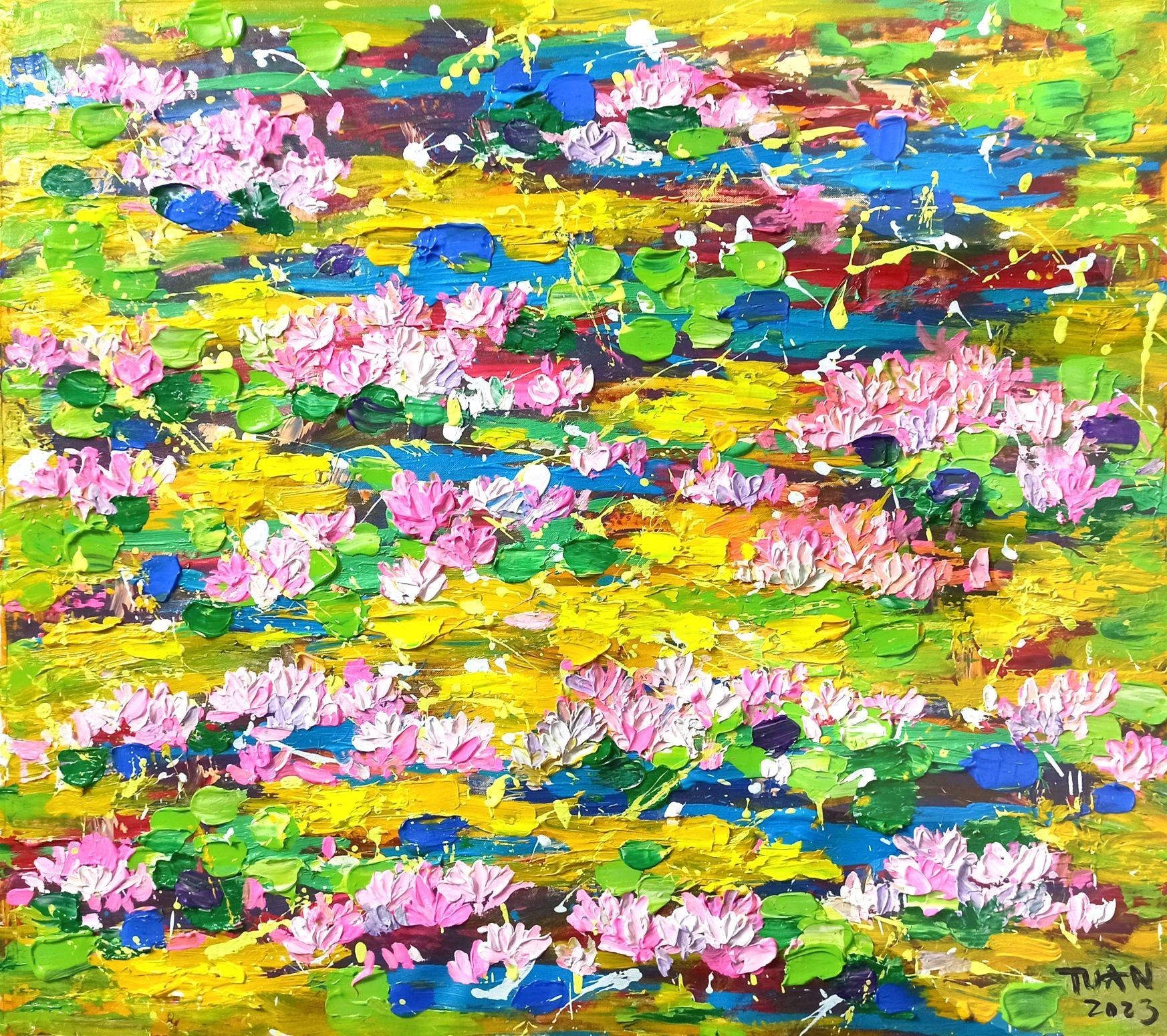 Blooming lilies pond 80x90cm, Painting, Acrylic on Canvas