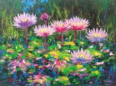 Blooming lilies pond 90x120cm, Painting, Acrylic on Canvas