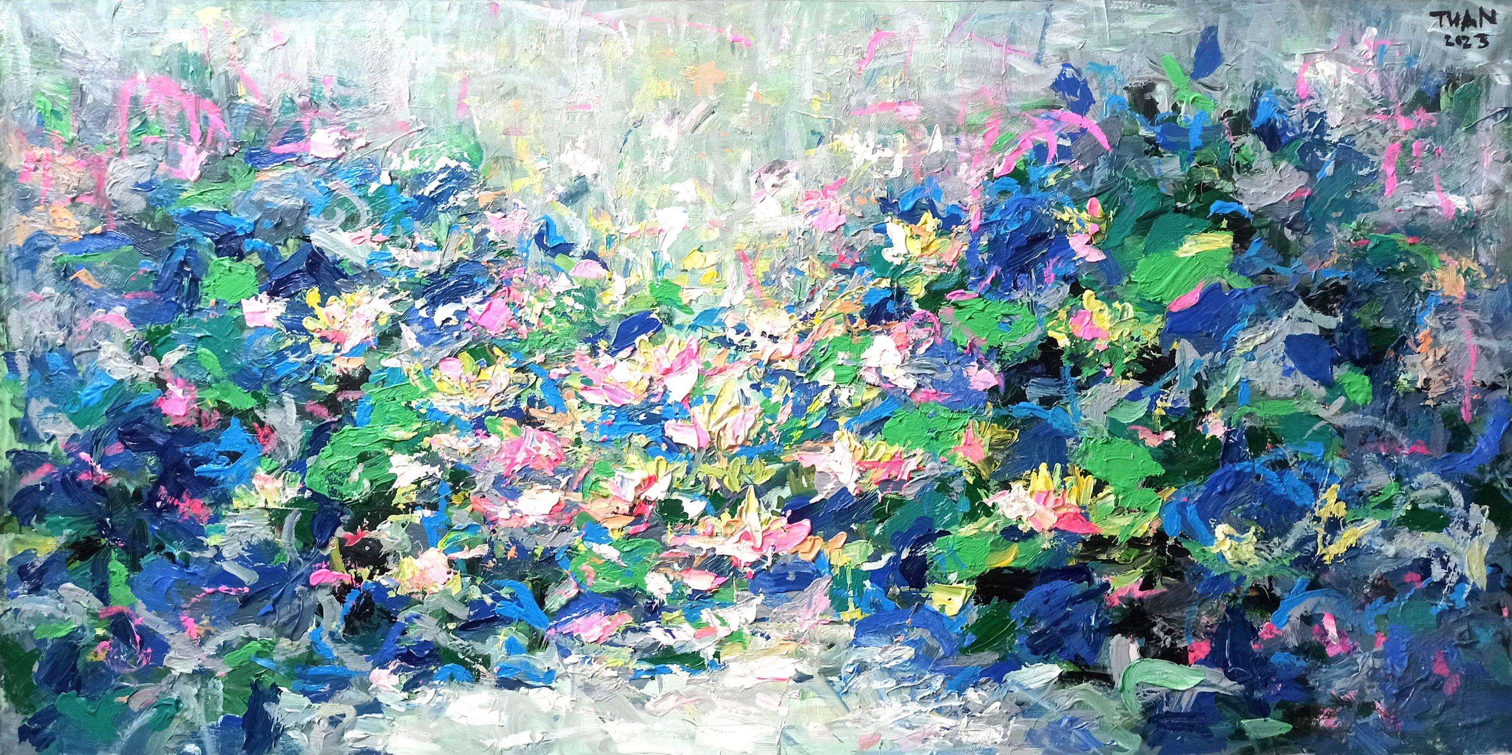 Blooming Lilien-Teich, Gemälde, Acryl auf Leinwand – Painting von LE ANH TUAN