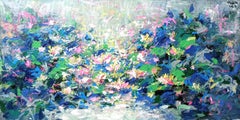 Blooming Lilien-Teich, Gemälde, Acryl auf Leinwand