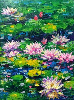 Blooming lilies pond, Painting, Acrylic on Canvas