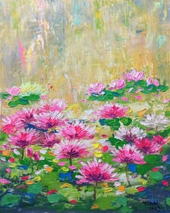 Blooming lilies pond, Painting, Acrylic on Glass