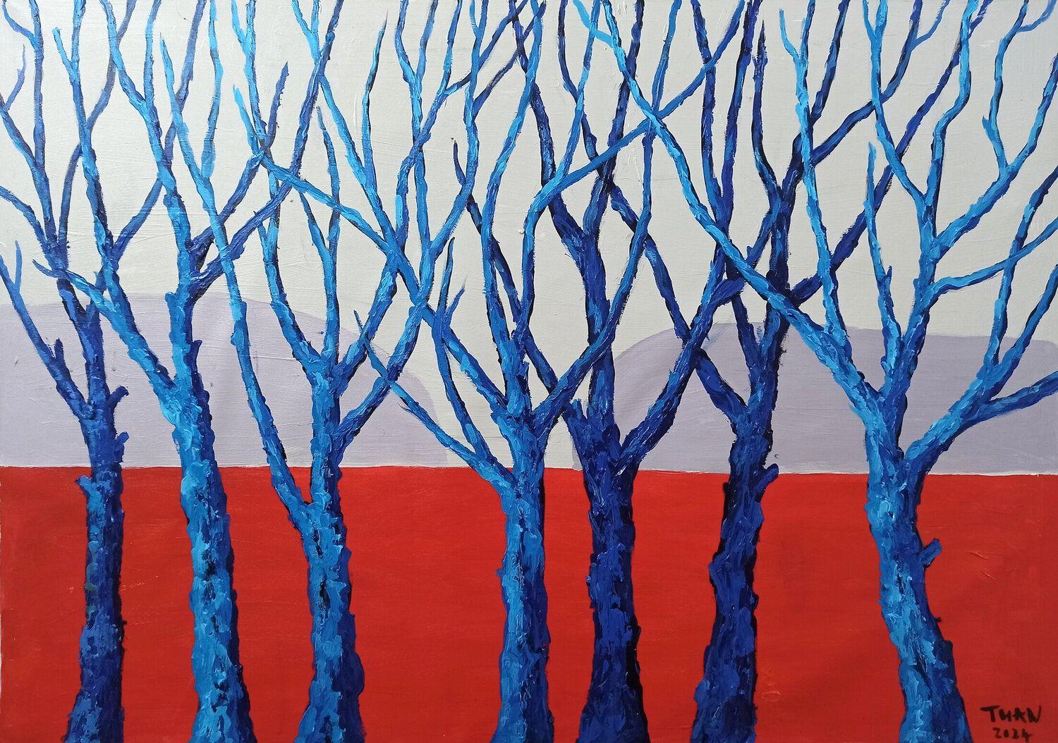 Paesaggio con alberi blu, Pittura, Acrilico su tela