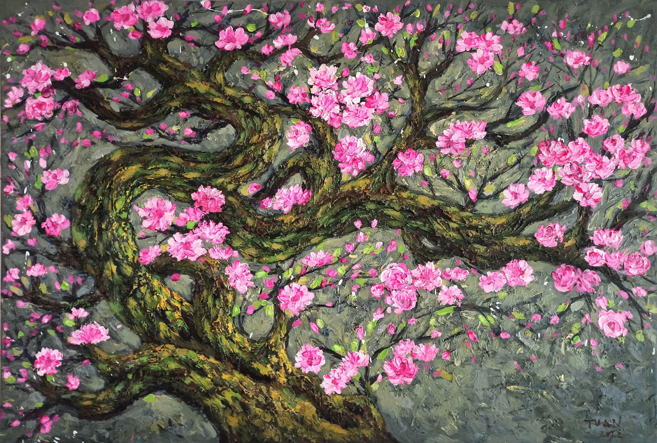 Cherry blossoms - Spring, Painting, Acrylic on Canvas en vente 1