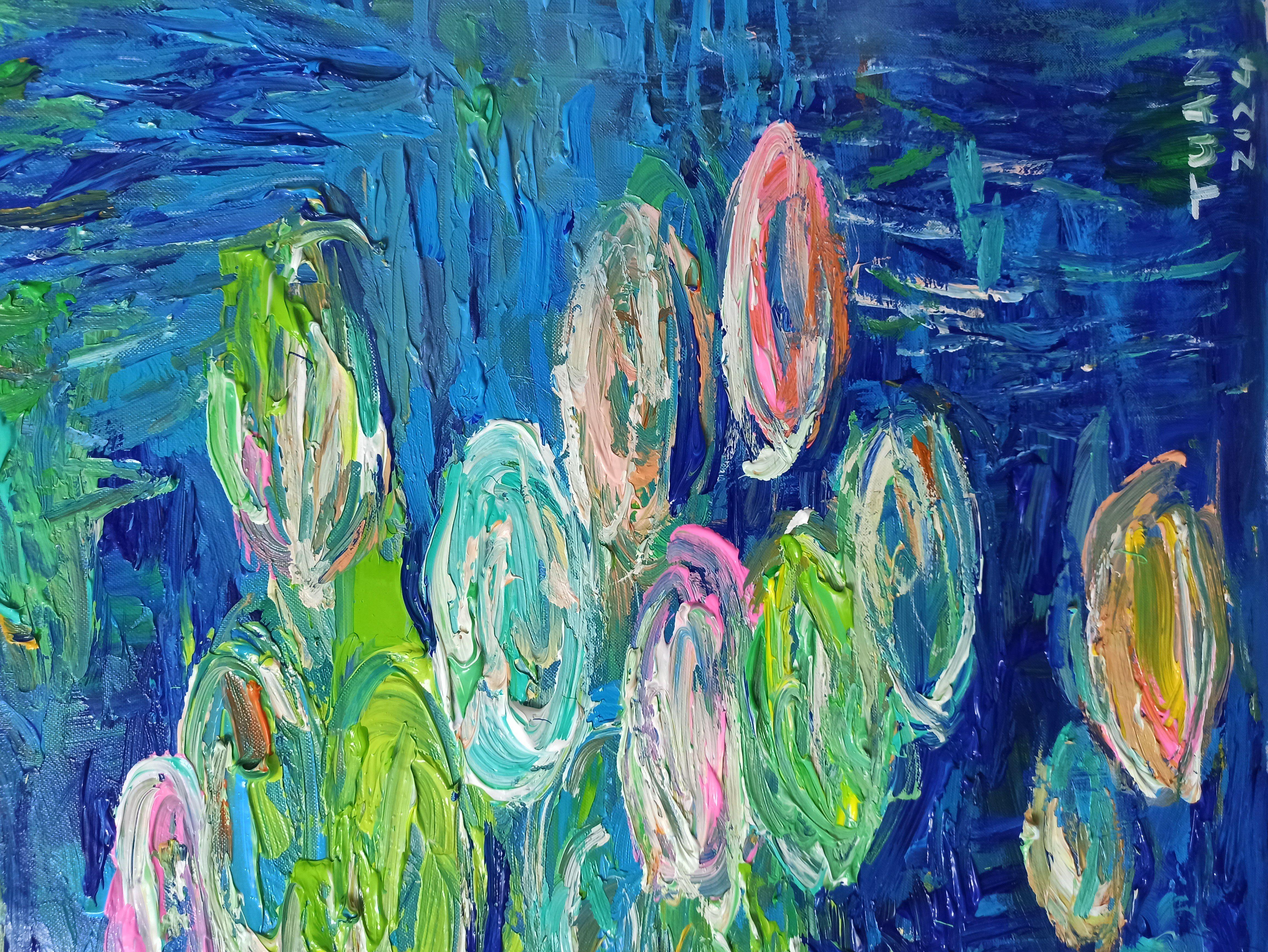 Dans une danse fervente de couleurs et de textures, j'ai donné vie à la beauté sereine des doux flotteurs de la Nature, les nénuphars. Par des coups de pinceau énergiques à l'acrylique, ma vision mêle l'expressionnisme à la grâce des beaux-arts et à