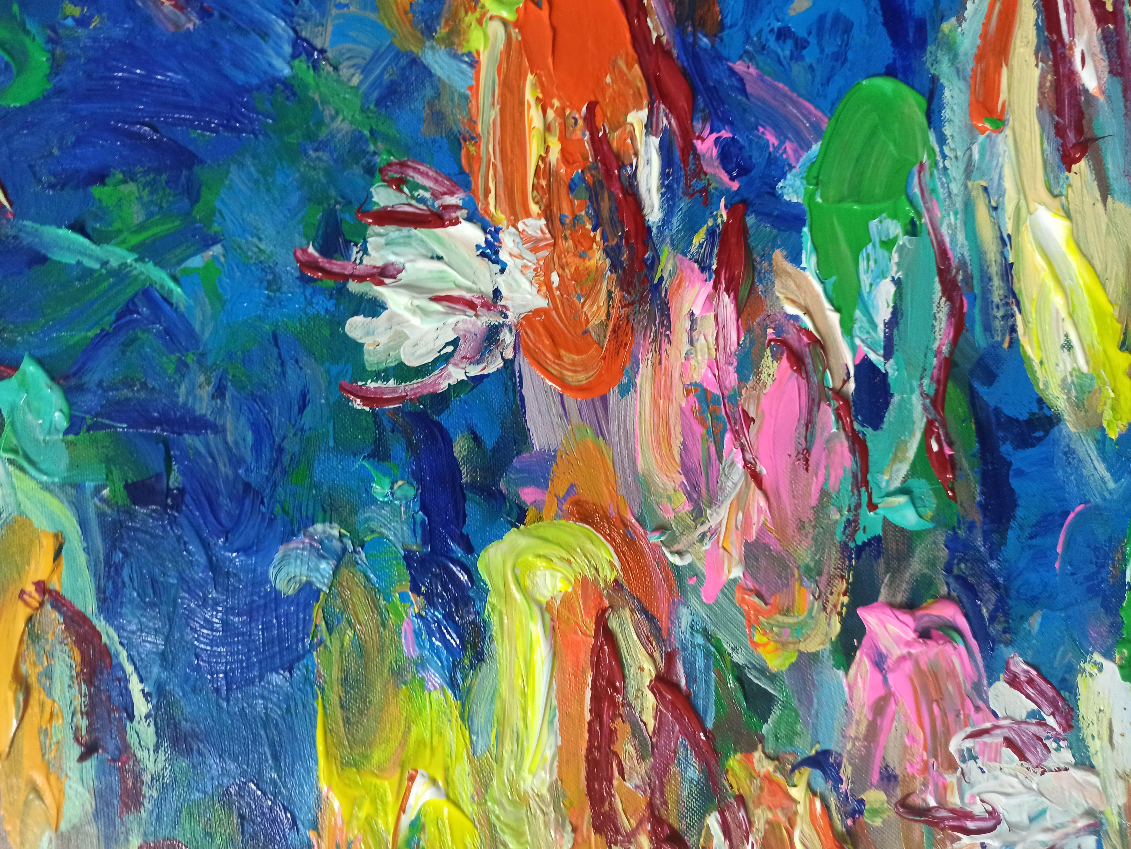 Buntes Wasserlilien, Gemälde, Acryl auf Leinwand im Angebot 1