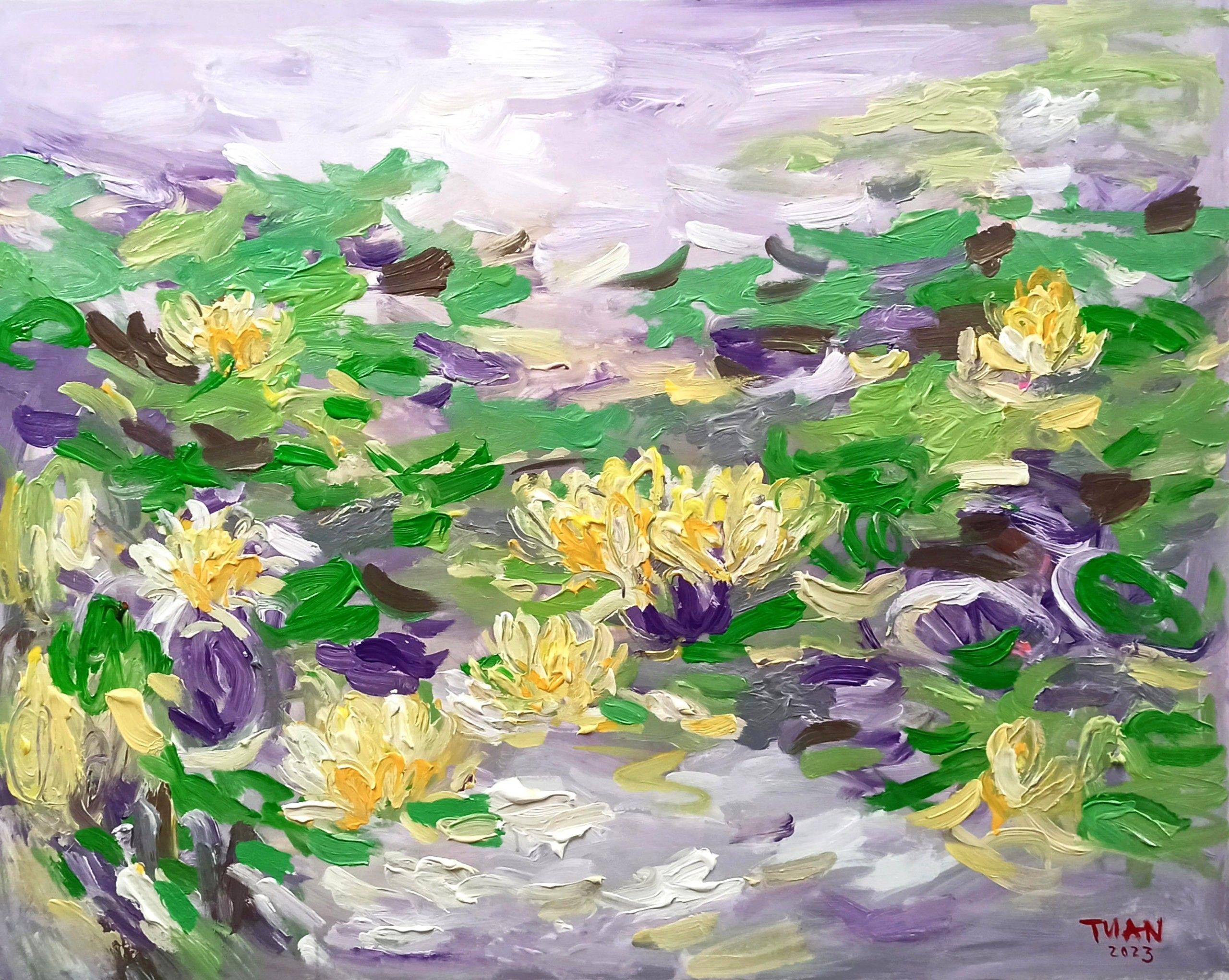 The view is reminiscent of Monet's garden in Giverny in late summer. Perspective leads the viewer into the depths of the landscape where light forms the focal point of the composition. The warm colors and stillness of the scene evoke a bright, sunny