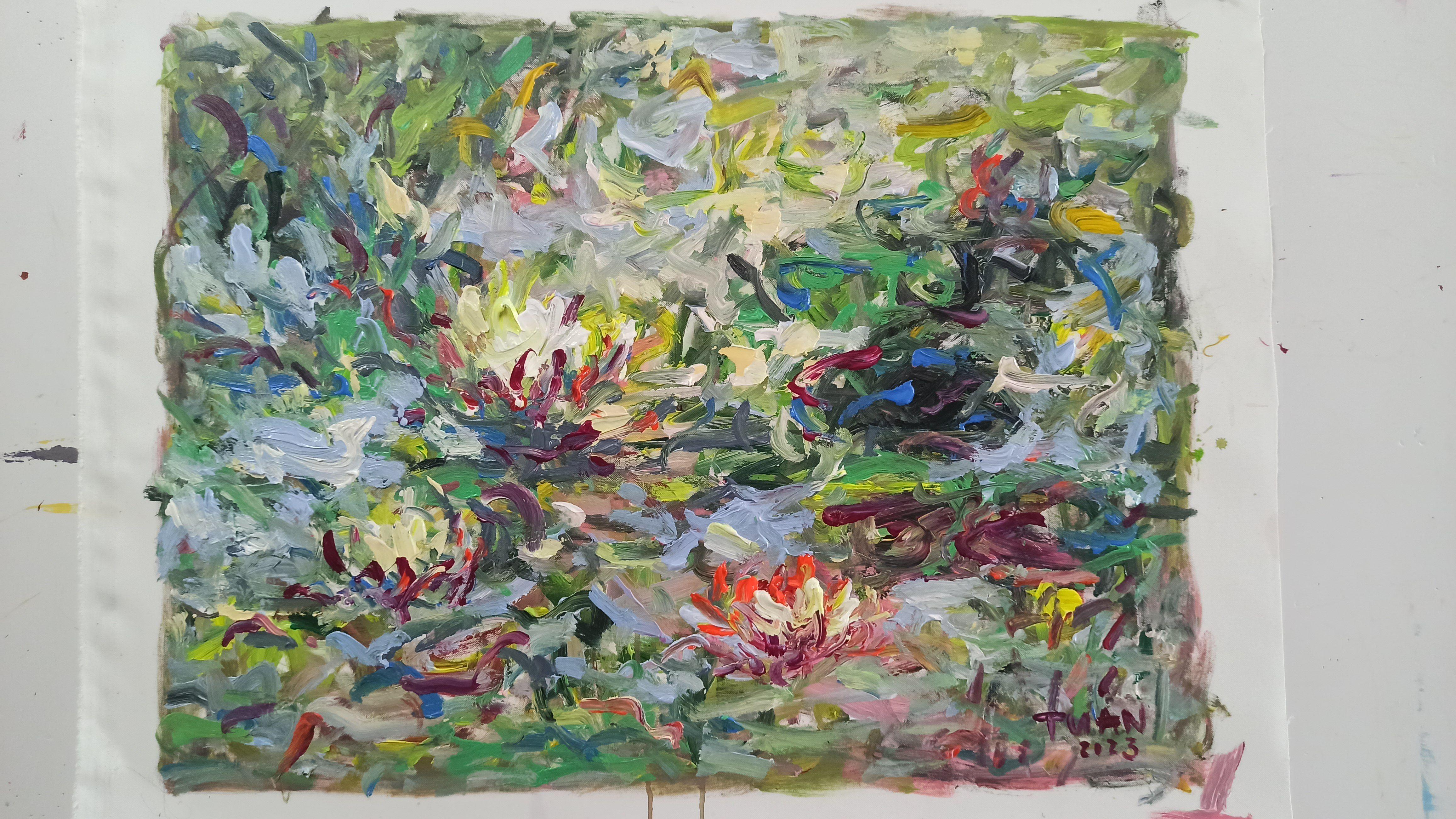 Blumen im Morgentau, Gemälde, Acryl auf Leinwand (Impressionismus), Painting, von LE ANH TUAN