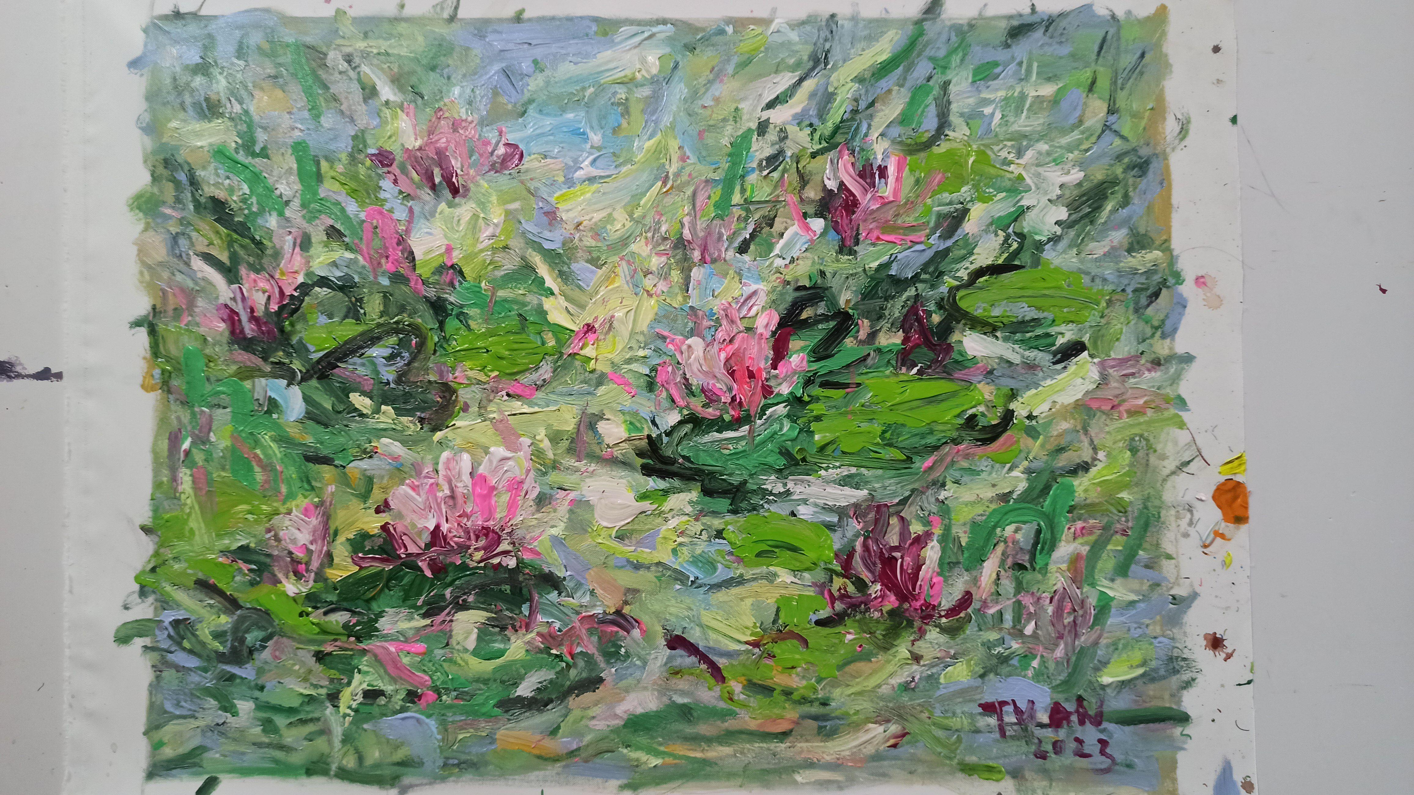 Blumen im Morgentau, Gemälde, Acryl auf Leinwand (Impressionismus), Painting, von LE ANH TUAN