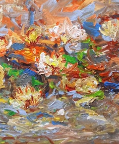 Fleurs dans la rosée du matin, Peinture, Acrylique sur toile