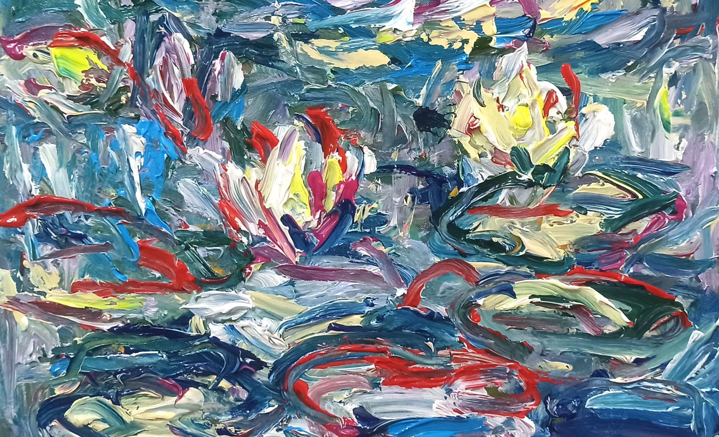 Lilly Pond( 55x55cm ), Gemälde, Acryl auf Leinwand im Angebot 1