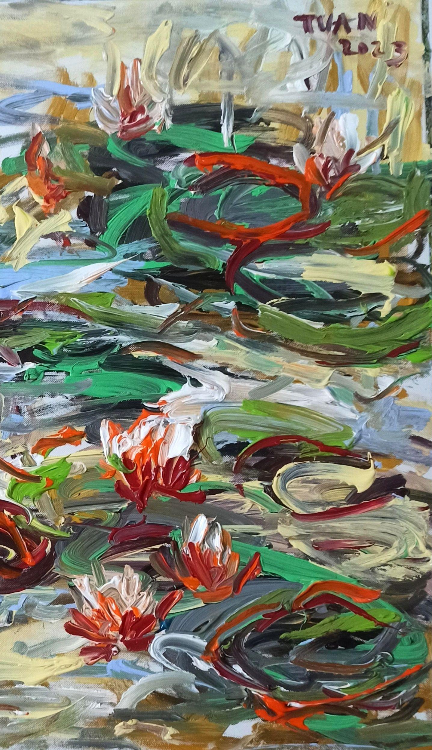 The Lilly Pond( 55x55cm ), Gemälde, Acryl auf Leinwand im Angebot 1