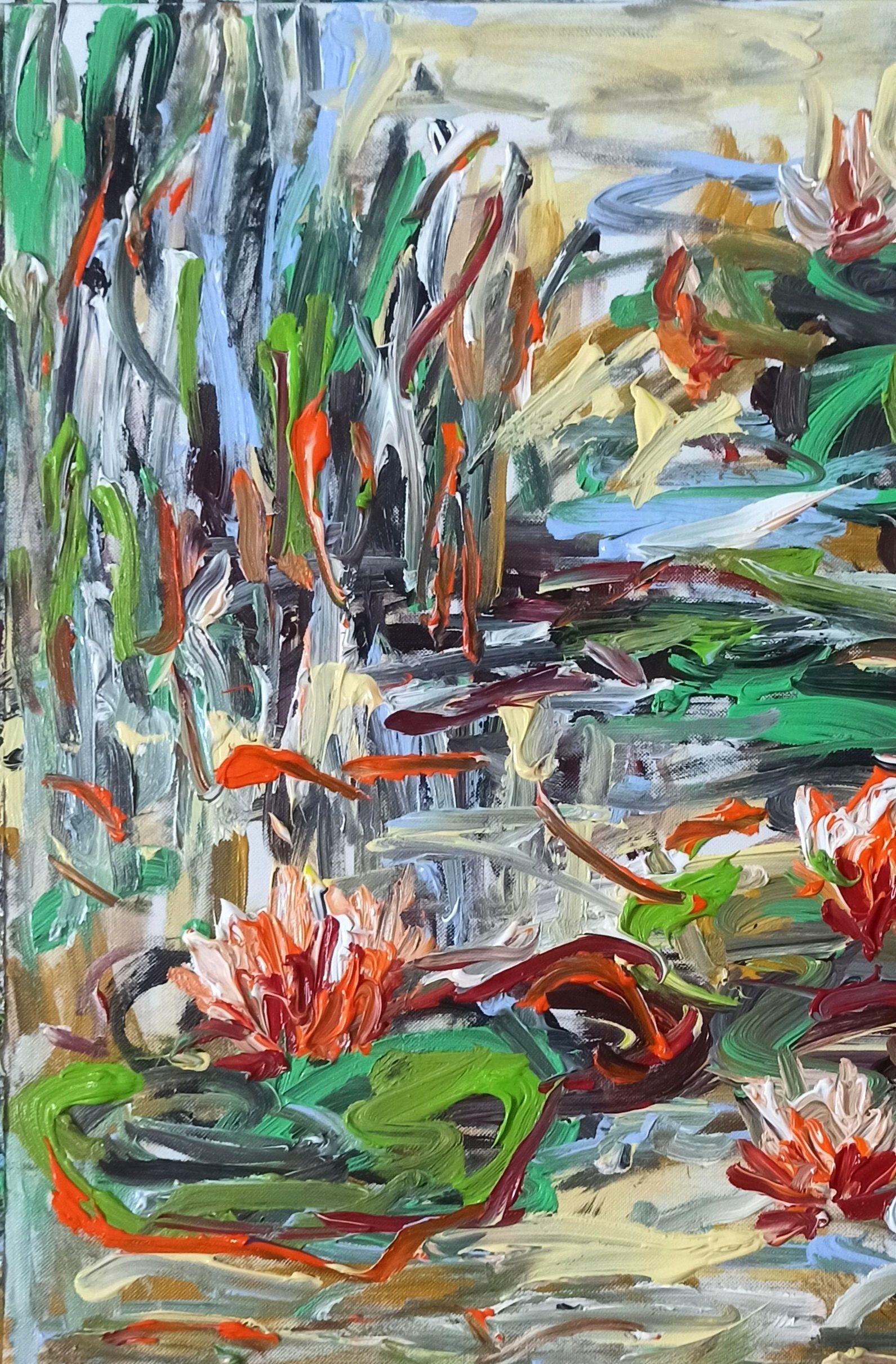 The Lilly Pond( 55x55cm ), Gemälde, Acryl auf Leinwand im Angebot 2