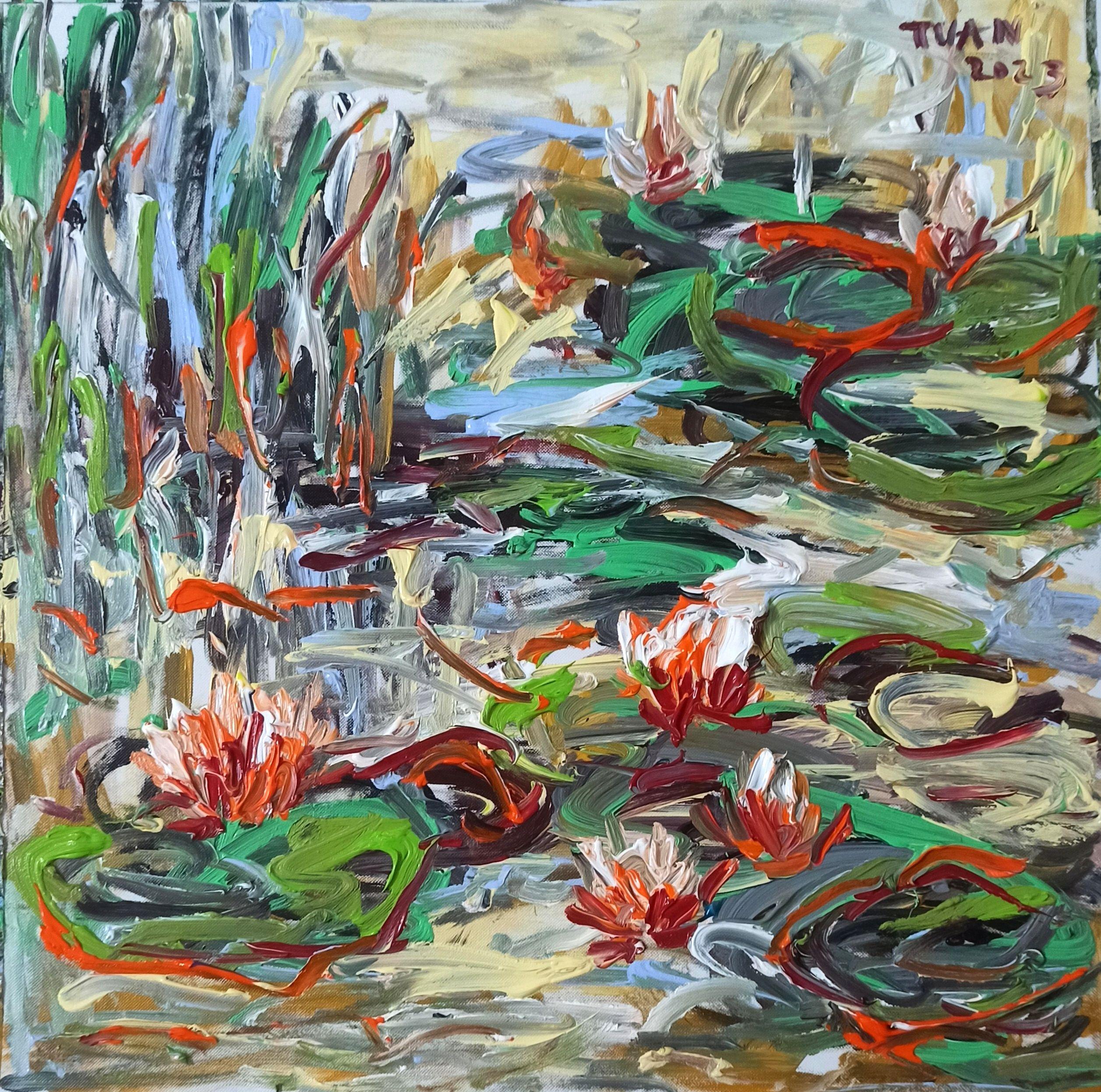 The Lilly Pond( 55x55cm ), Gemälde, Acryl auf Leinwand