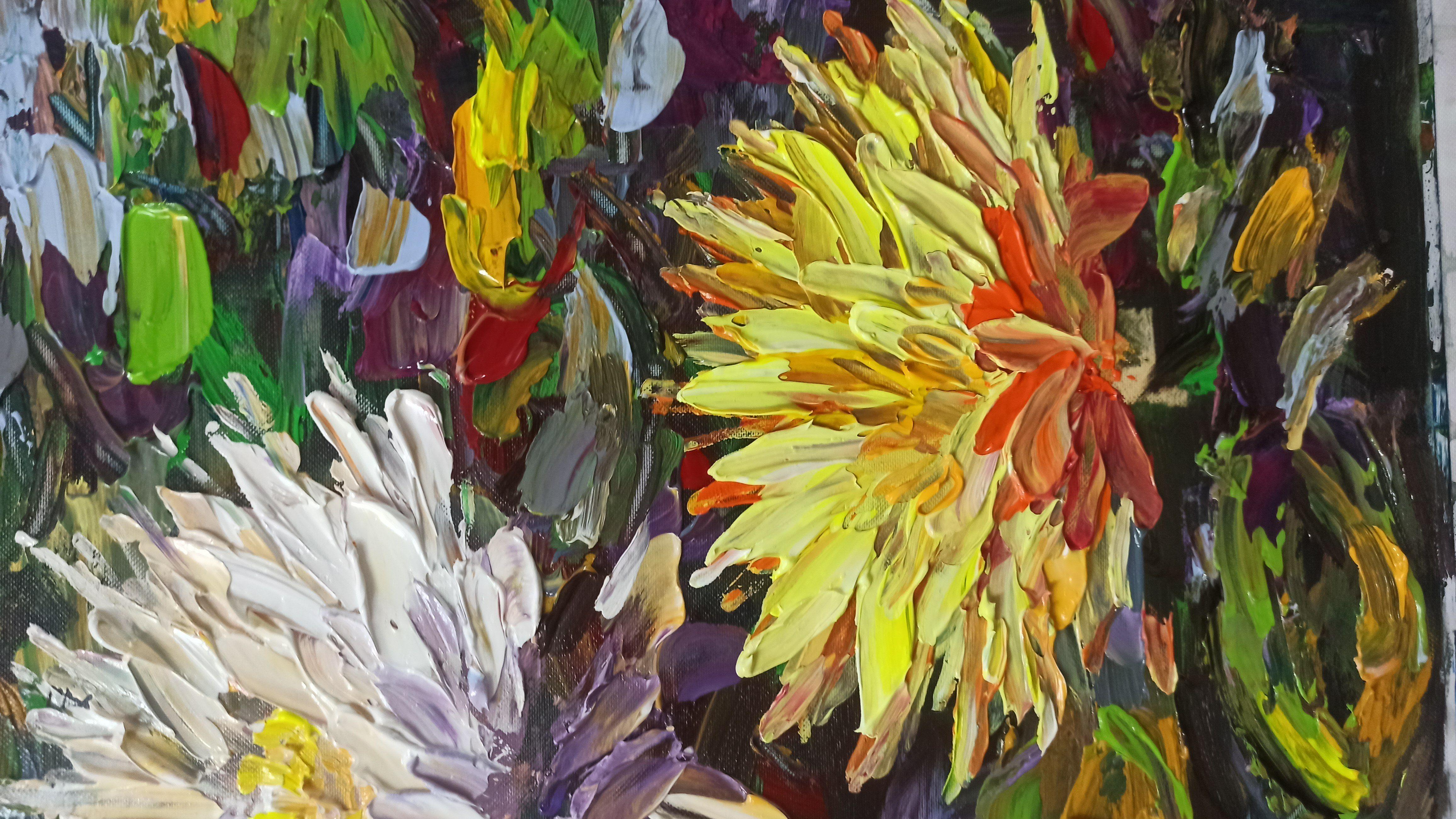Für den Seerosenteich wollte ich bunte Spiegelungen der Sonne auf dem Wasser erzeugen. Dieses original impressionistische Gemälde wurde mit Acryl auf einer tiefgezogenen Leinwand in den Maßen 55 x 55 x 3 cm mit einem Spachtel geschaffen. Das