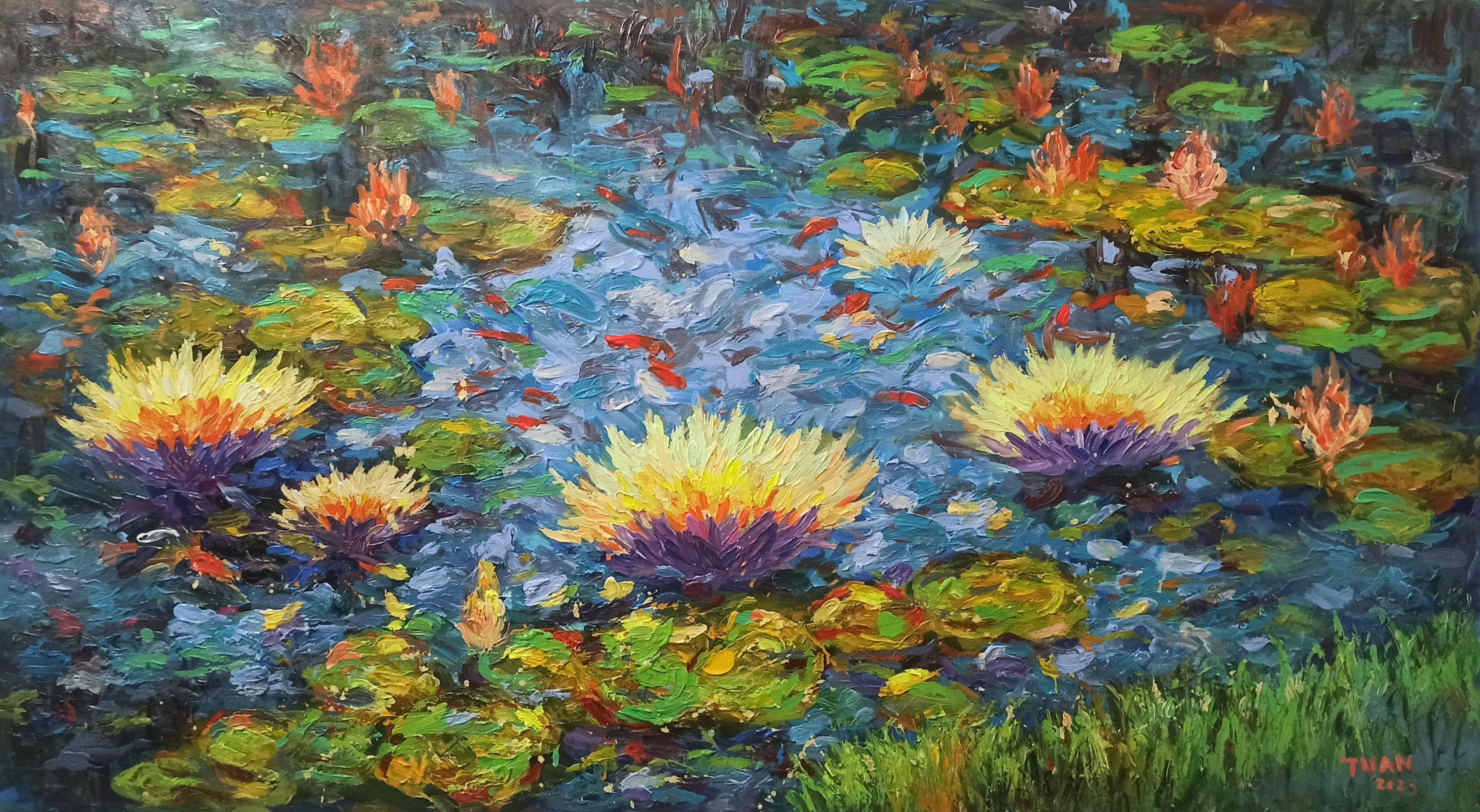 Morning on the lake (100x180cm ), peinture, acrylique sur toile - Painting de LE ANH TUAN