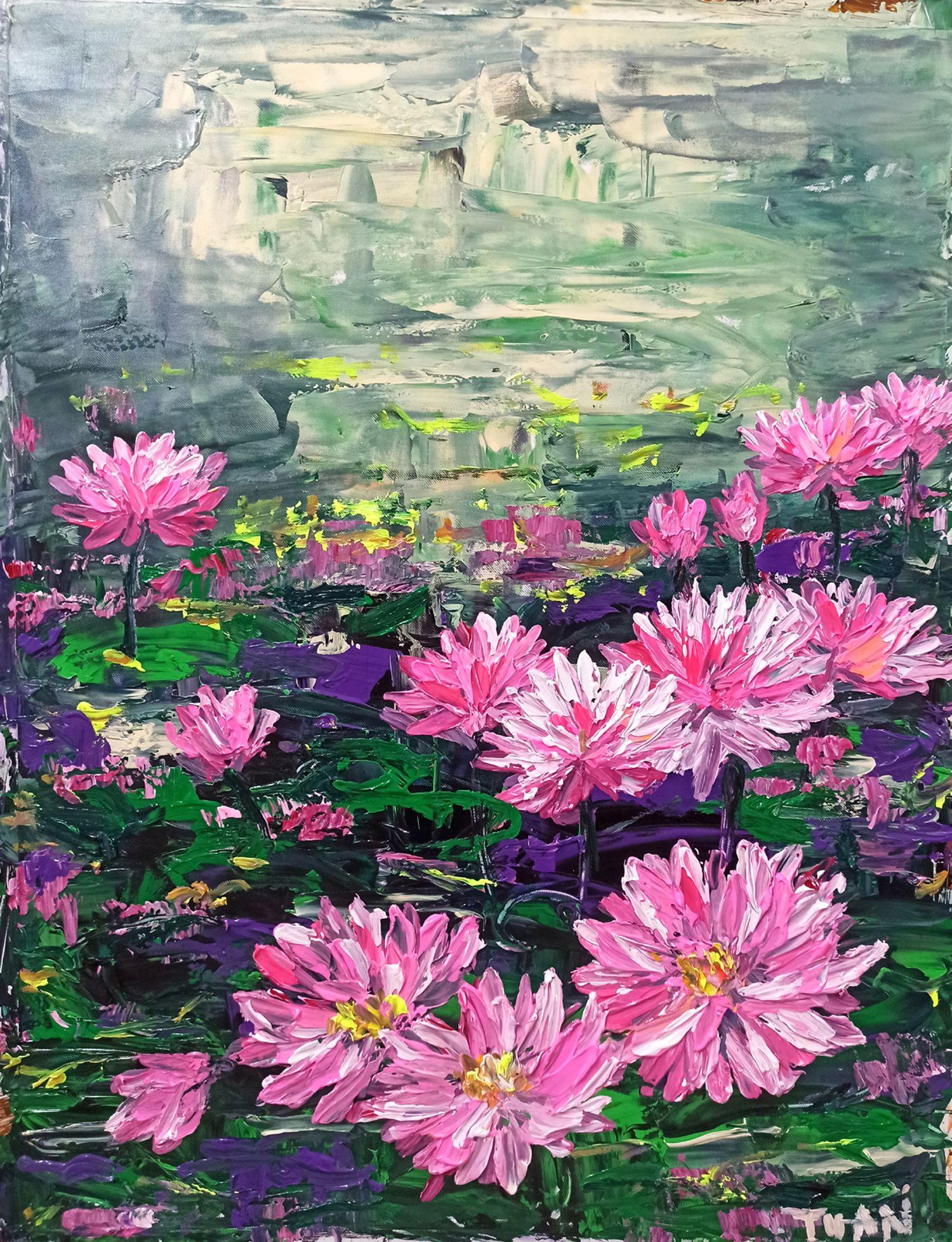   This painting depicts the subject of a water lily on a lake in the morning in the Waterlily series  * Drawn on 60" x 80cm" canvas    Signed certificate of authenticity.    . This piece of art has a sturdy rope in the back.  *signed on the front   