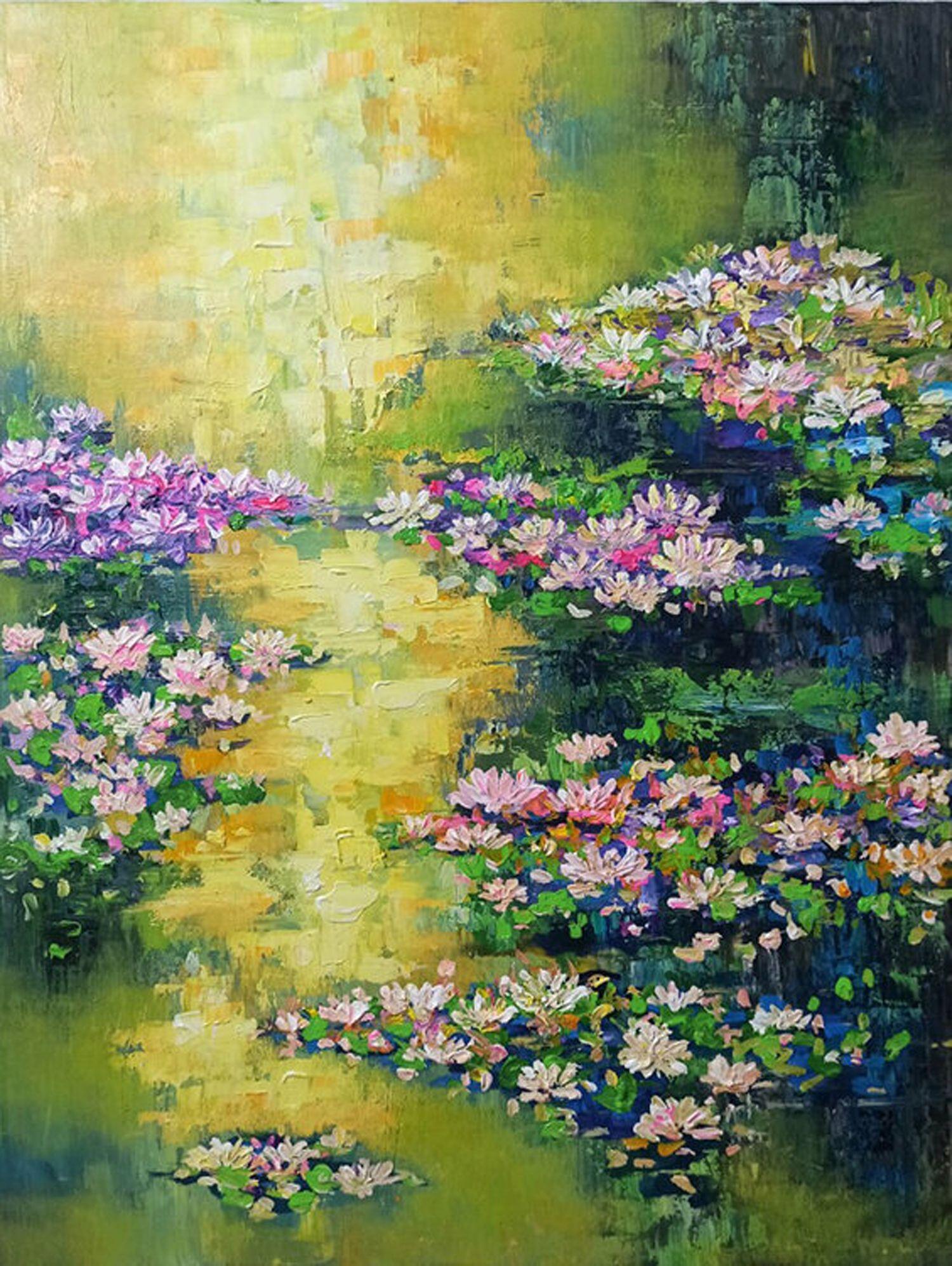 Morning ( Water lily, Flower of purity), Painting, Acrylic on Canvas For Sale 1