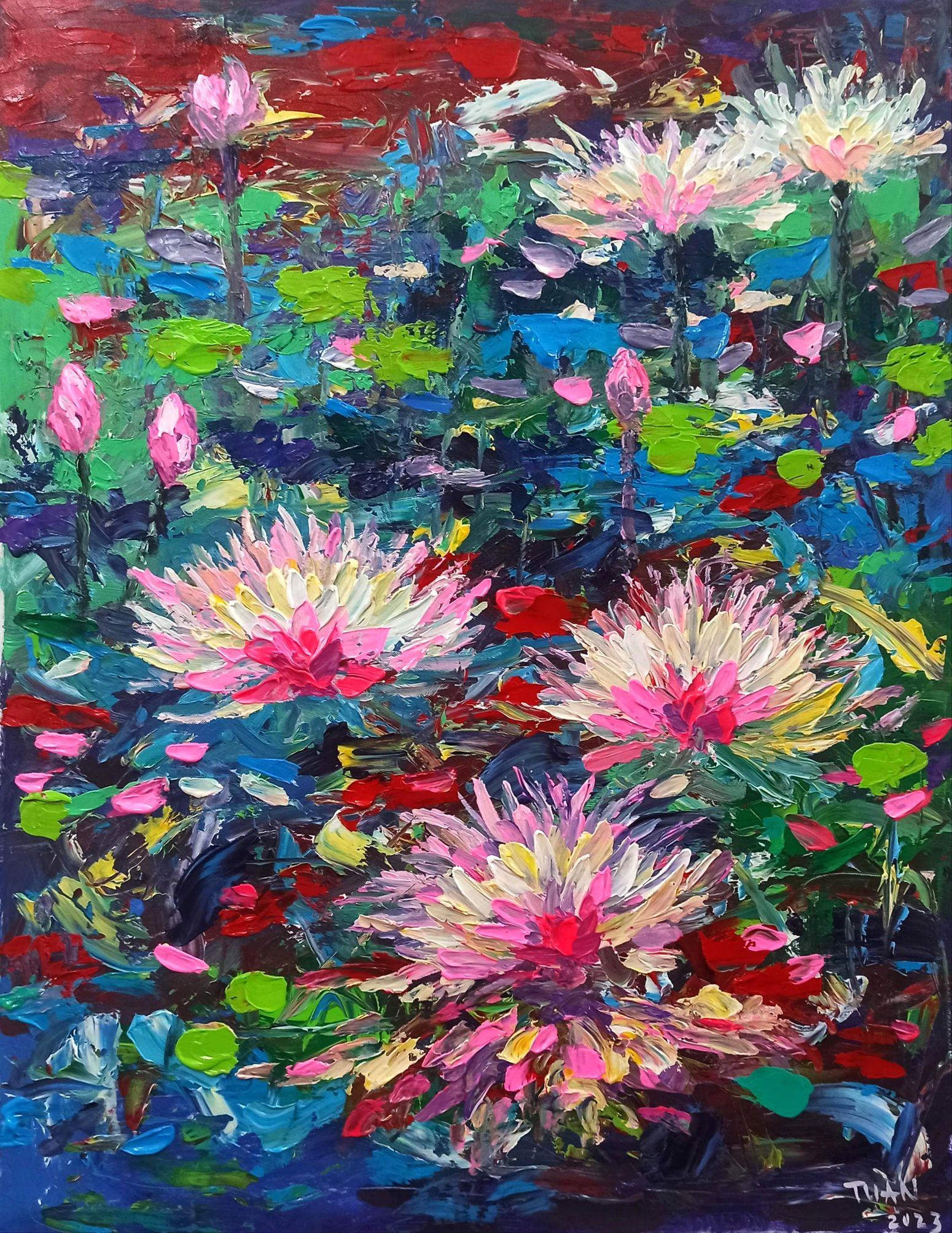 Morning_ (Lily d'eau, Fleur de pureté 90x70cm), peinture sur toile - Painting de LE ANH TUAN