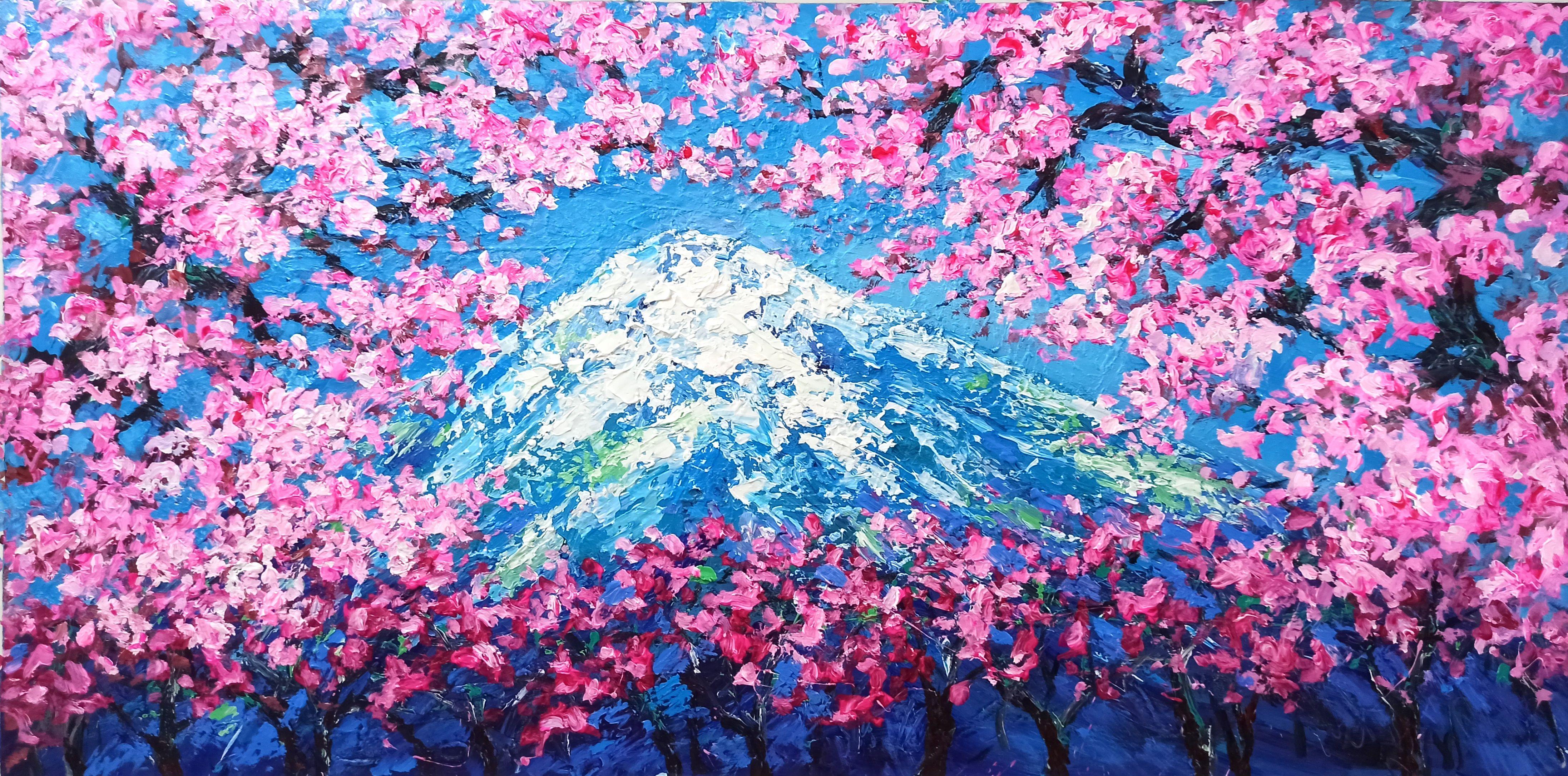 Mount Fuji au printemps ( - 90 x 180 cm), peinture, acrylique sur toile