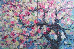 Blossom de pêche au printemps ( 2 panneaux - 80 x 120 cm), 2, peinture, acrylique sur toile