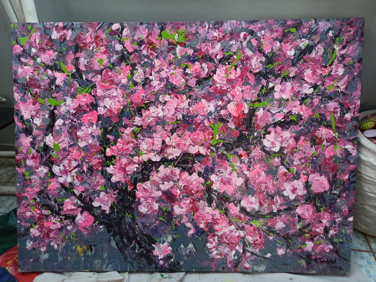 Peach blossom in Spring 2022, Painting, Acrylic on Canvas For Sale 2