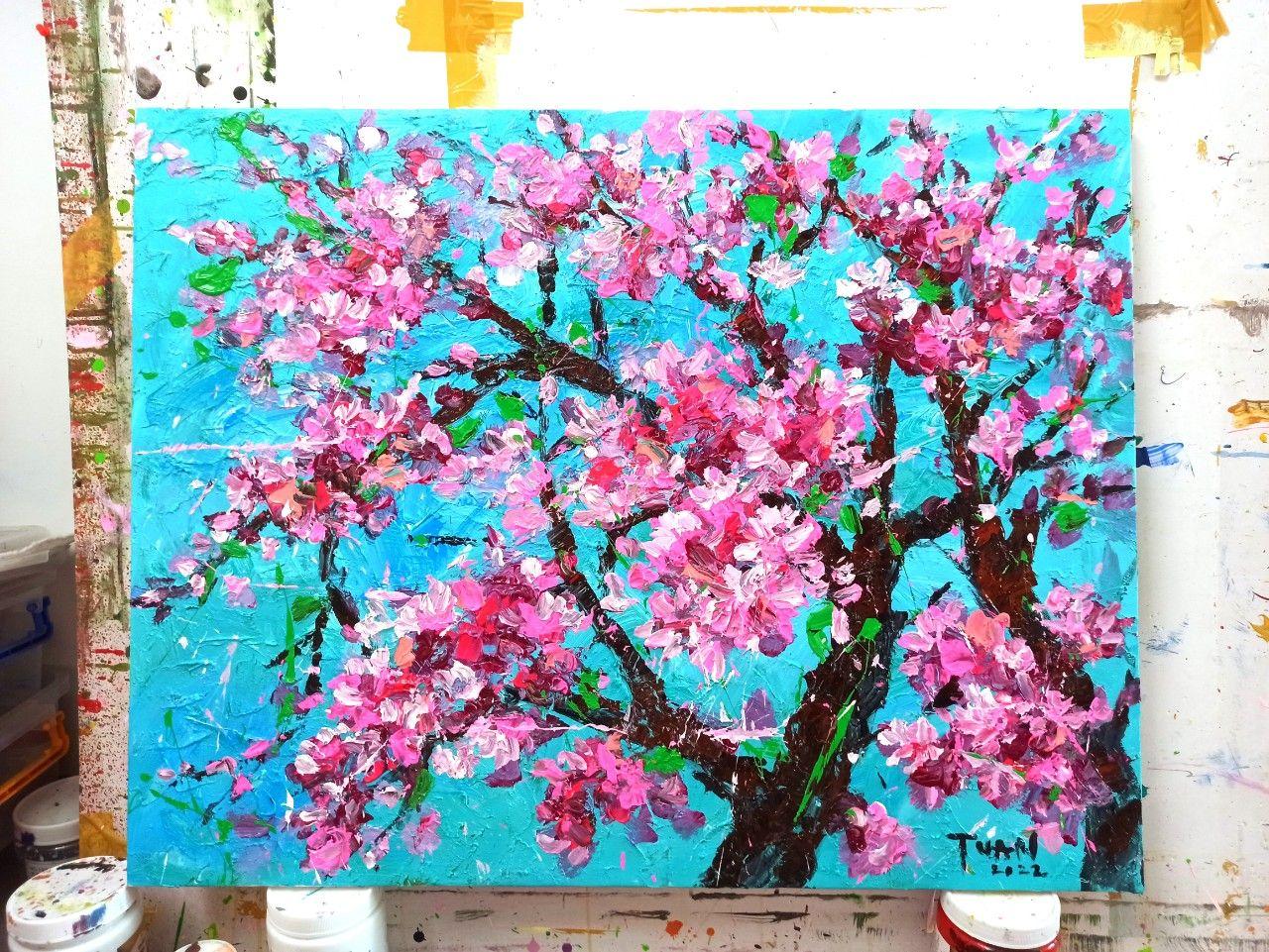 Peach blossom in Spring 70 x 90cm, Painting, Acrylic on Canvas For Sale 1