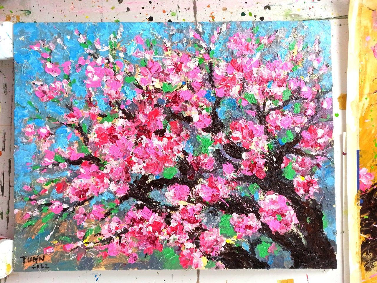 Peach blossom in Spring 70 x 90cm, Painting, Acrylic on Canvas For Sale 1