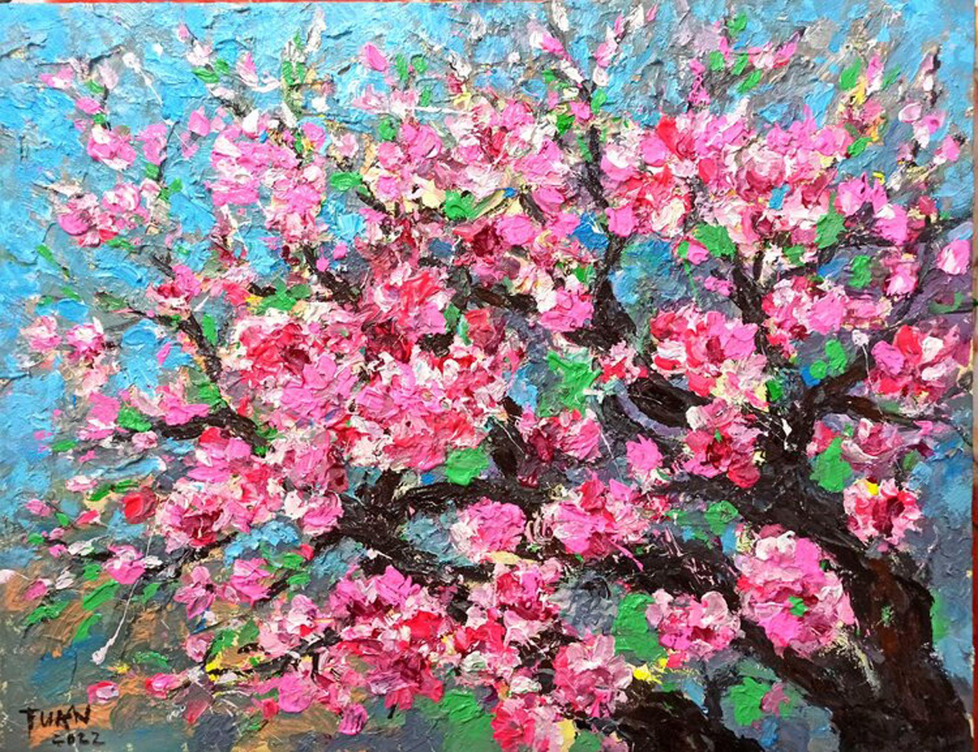 Peinture, acrylique sur toile, fleur de pêche au printemps 70 x 90 cm - Painting de LE ANH TUAN