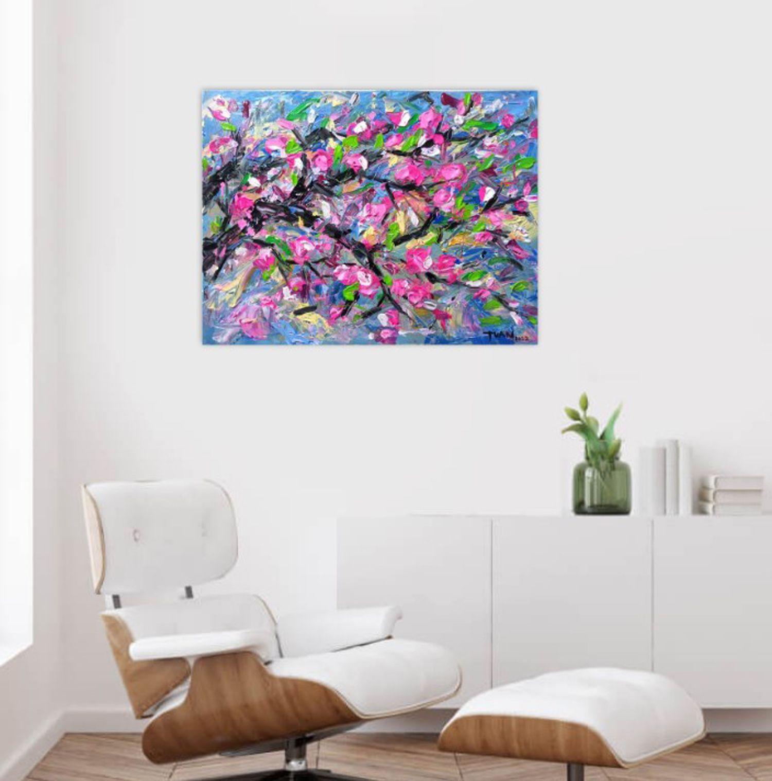Peach blossom in Spring, Painting, Acrylic on Canvas For Sale 1