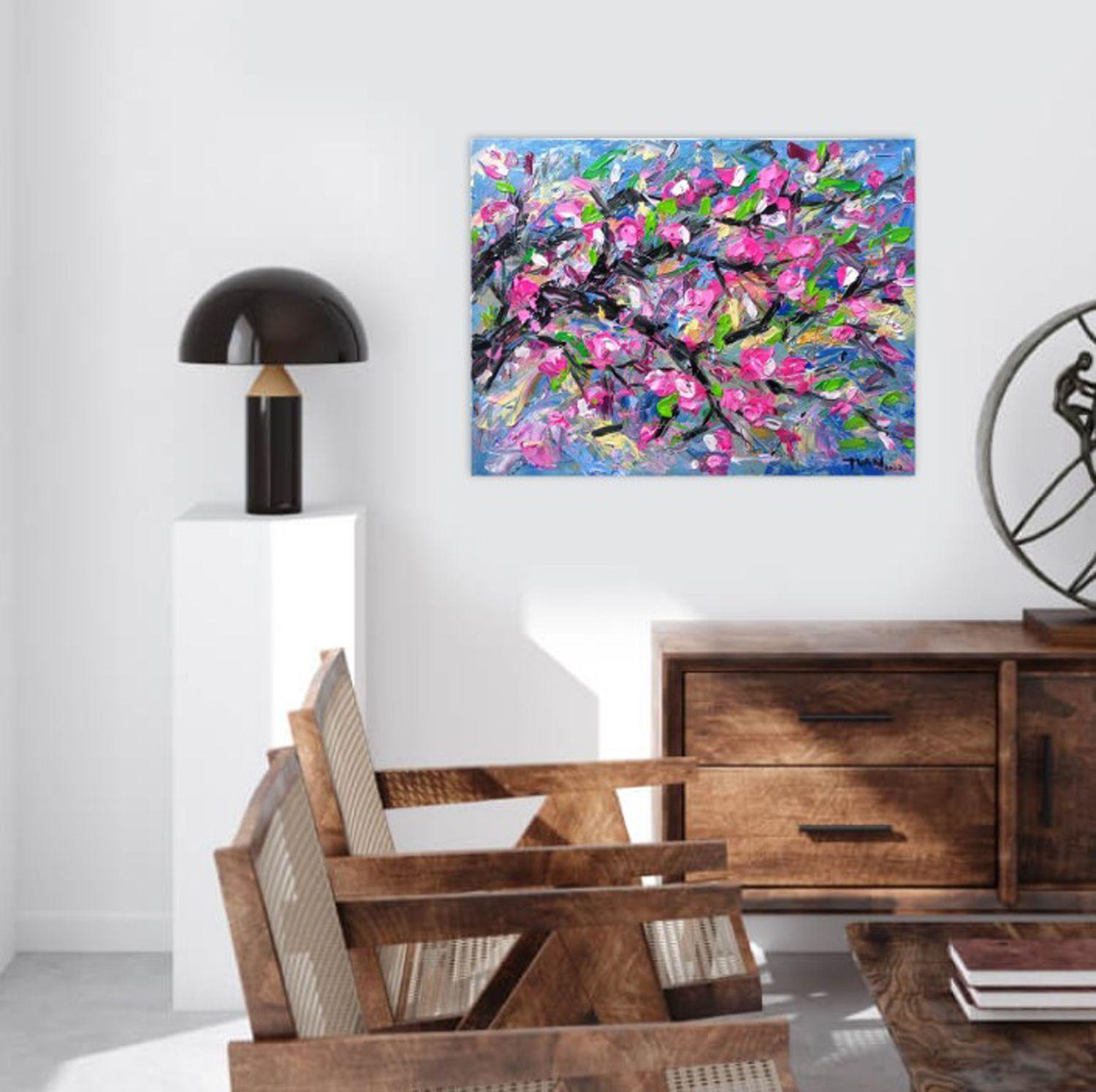 Peach blossom in Spring, Painting, Acrylic on Canvas For Sale 4