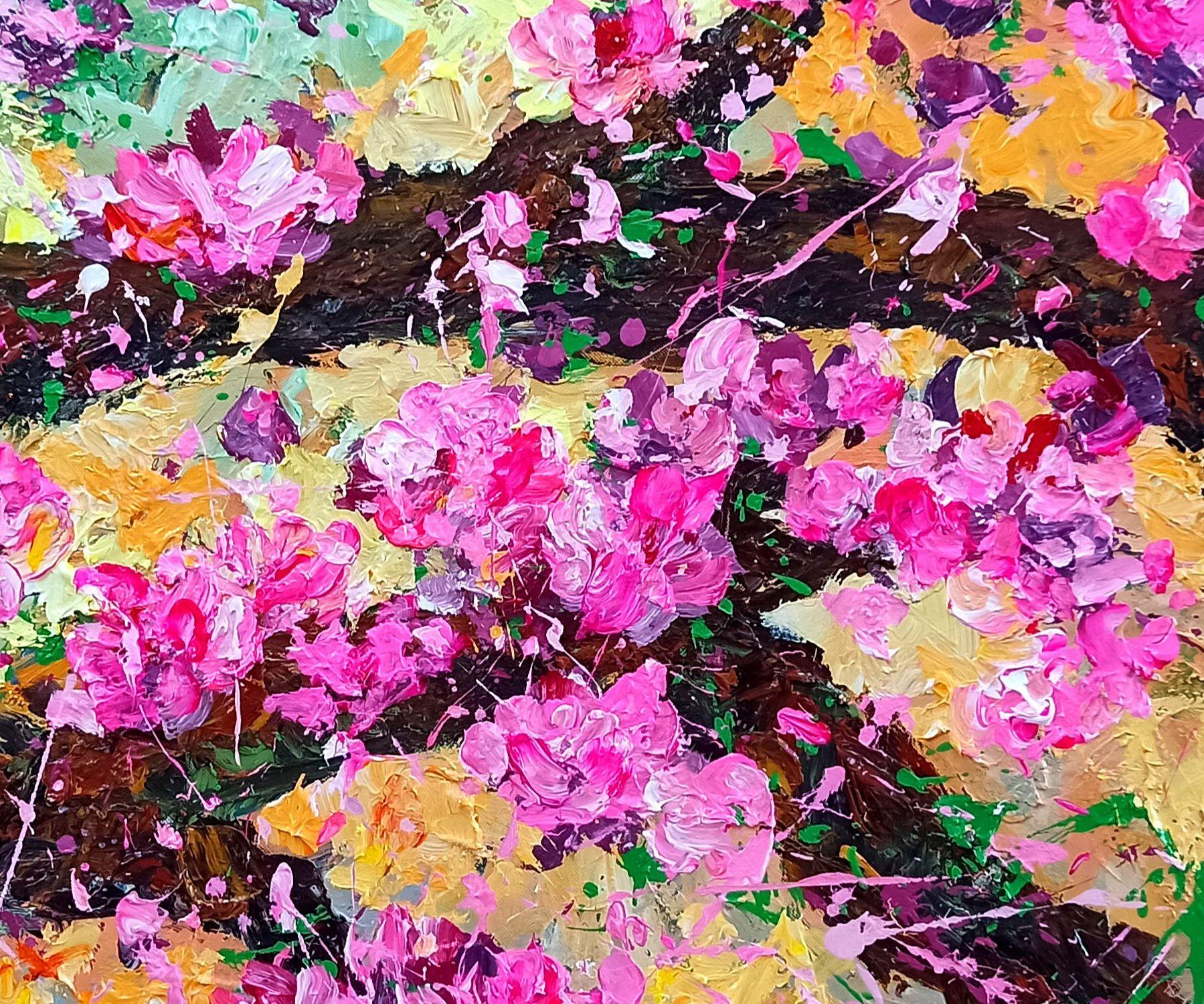 Peach blossom in Spring, Painting, Gouache on Canvas For Sale 1