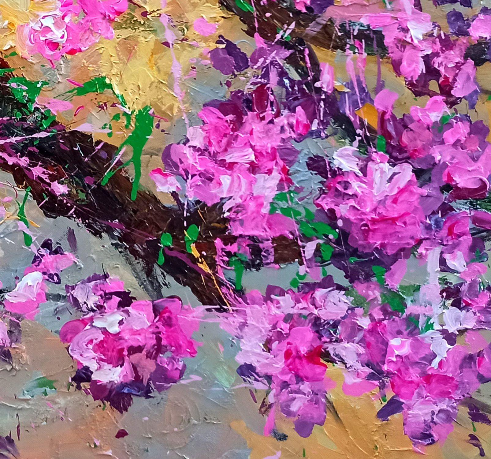 Peach blossom in Spring, Painting, Gouache on Canvas For Sale 2
