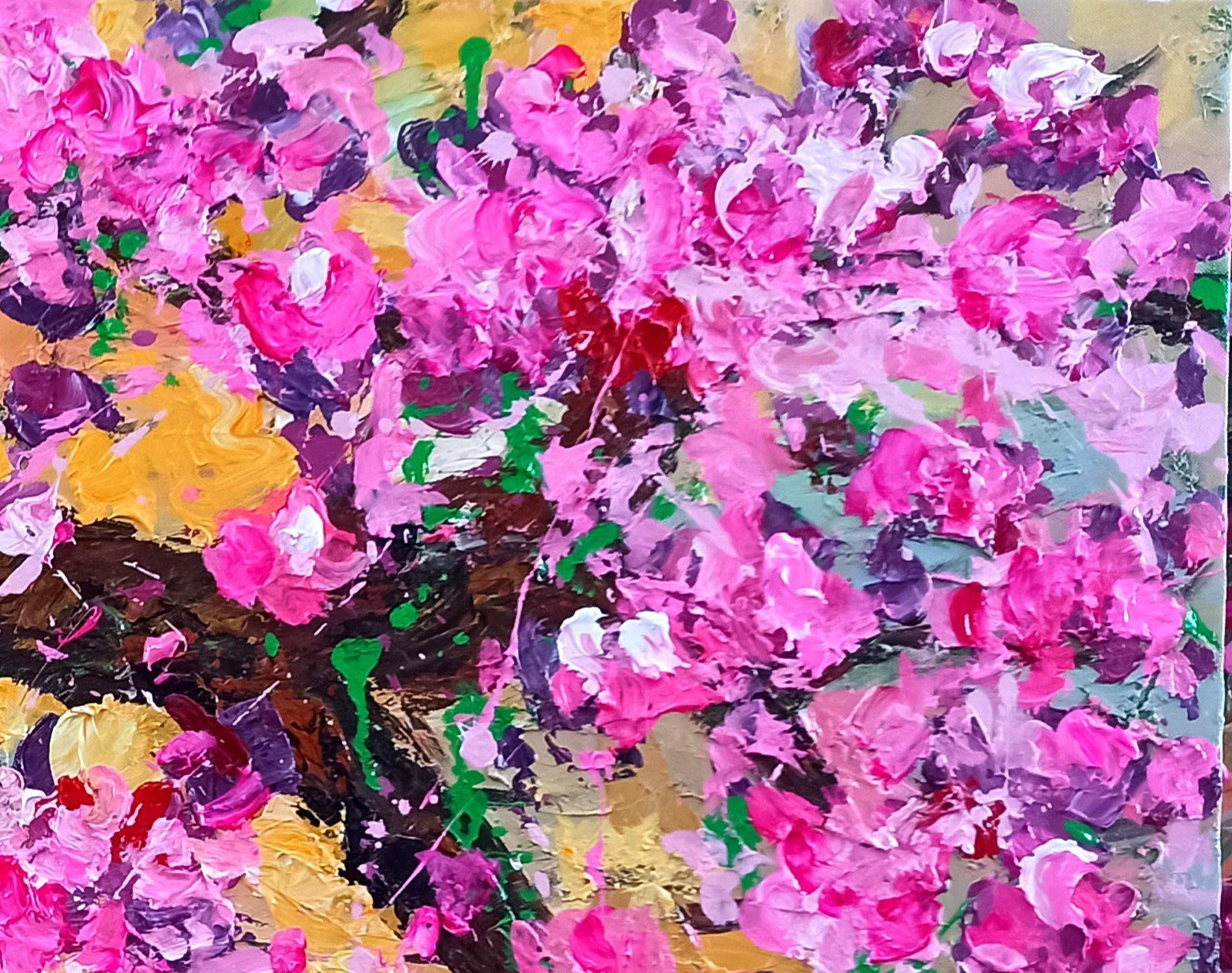 Peach blossom in Spring, Painting, Gouache on Canvas For Sale 3