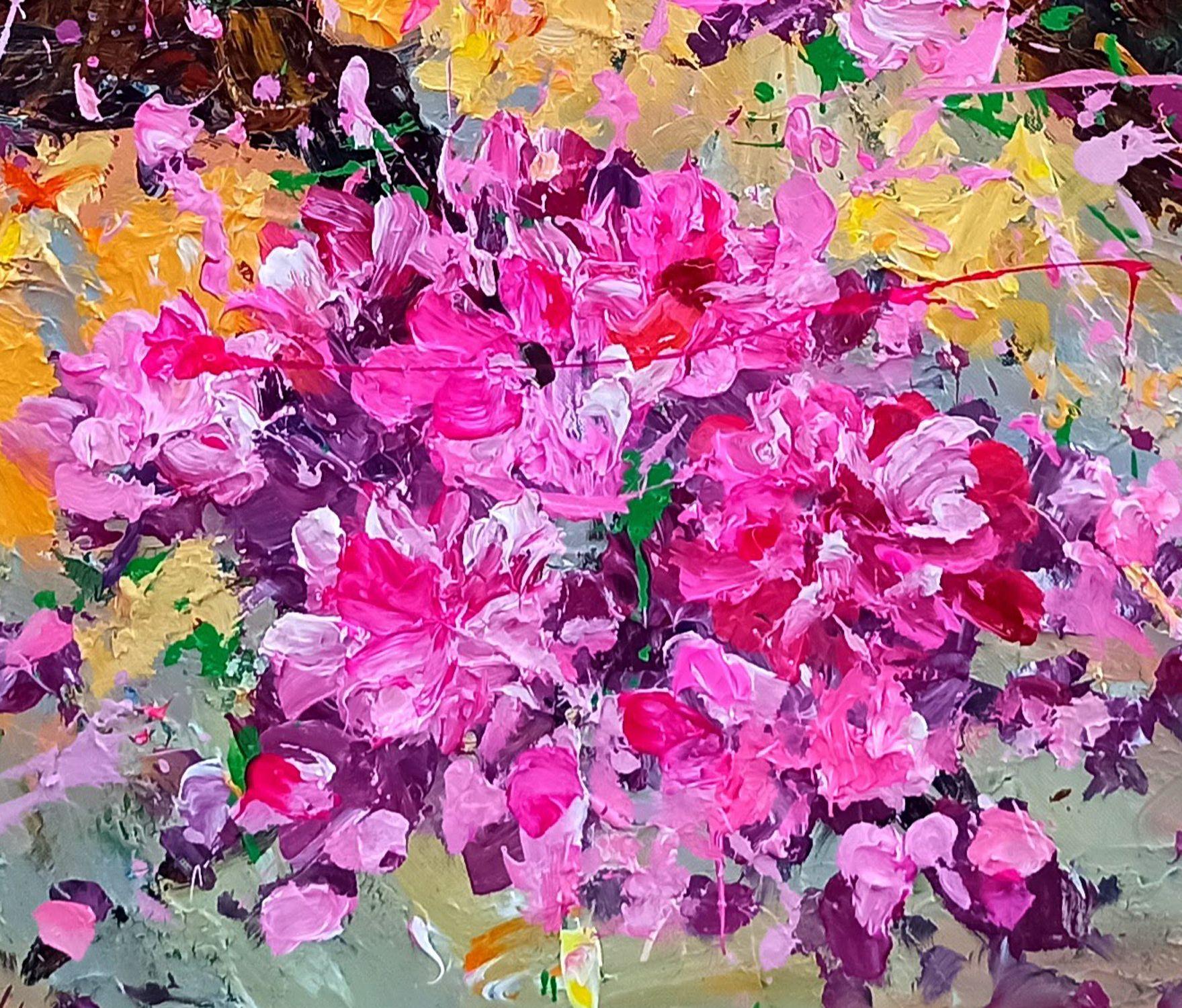 Peach blossom in Spring, Painting, Gouache on Canvas For Sale 4