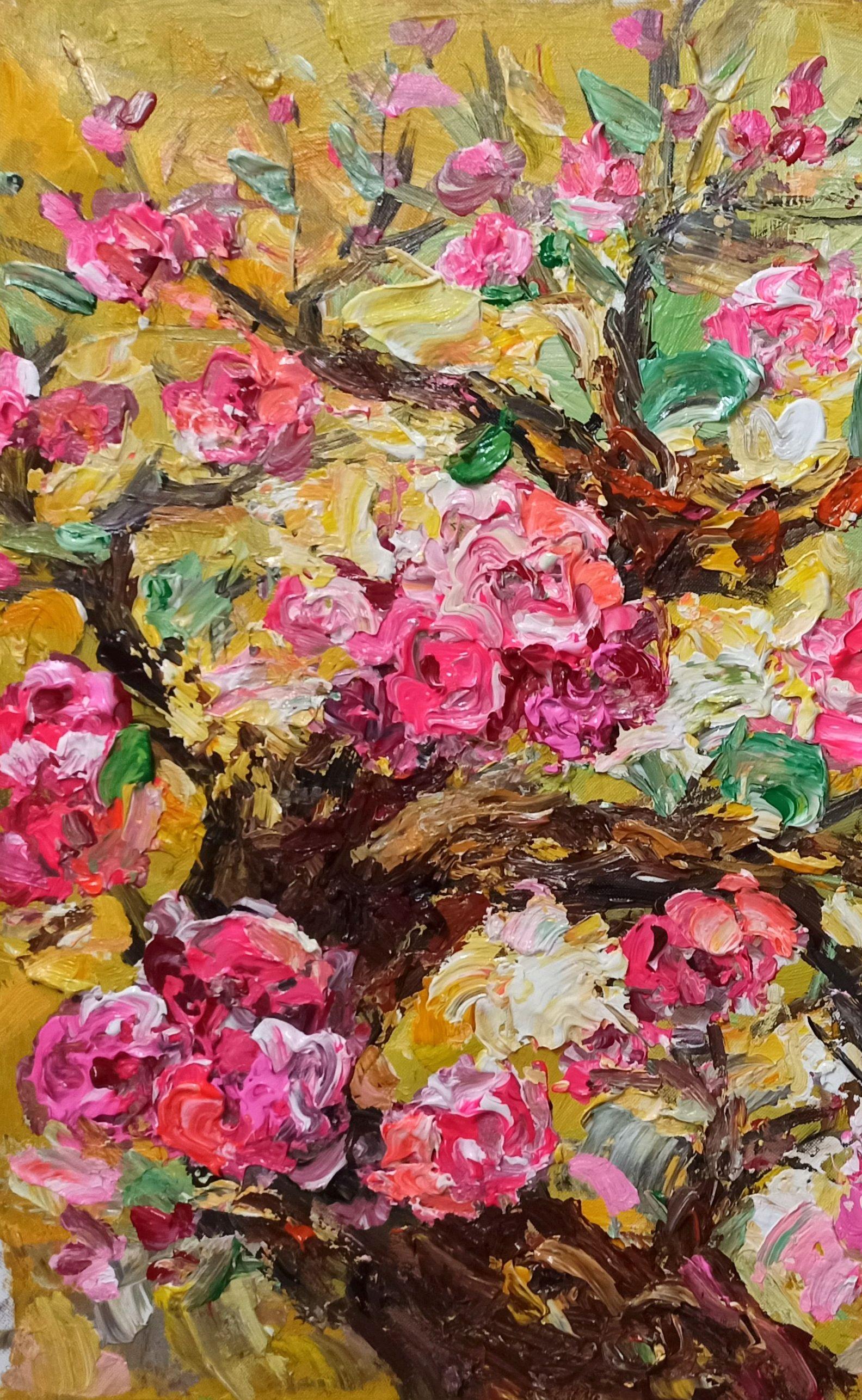 Fleur de pêcher, peinture, acrylique sur toile - Expressionniste Painting par LE ANH TUAN